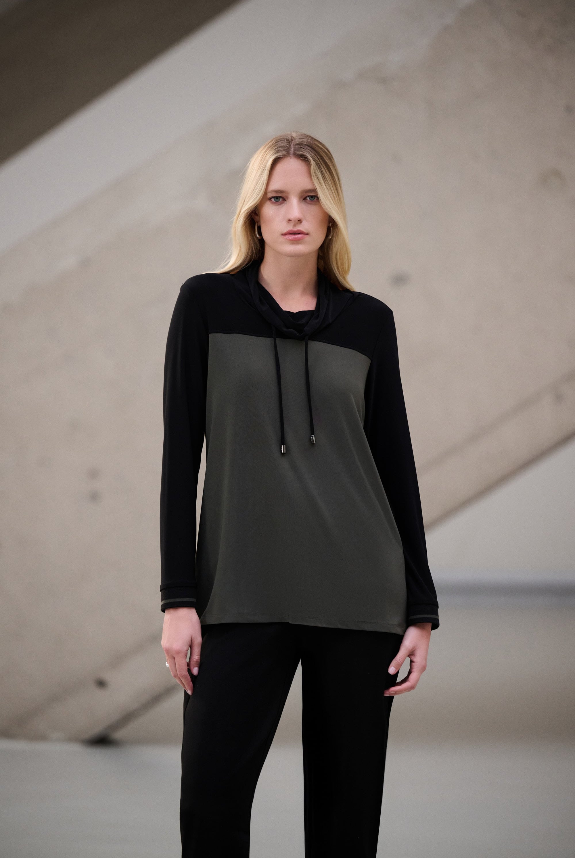 Silky Knit Color Block Funnel-Neck Tunic