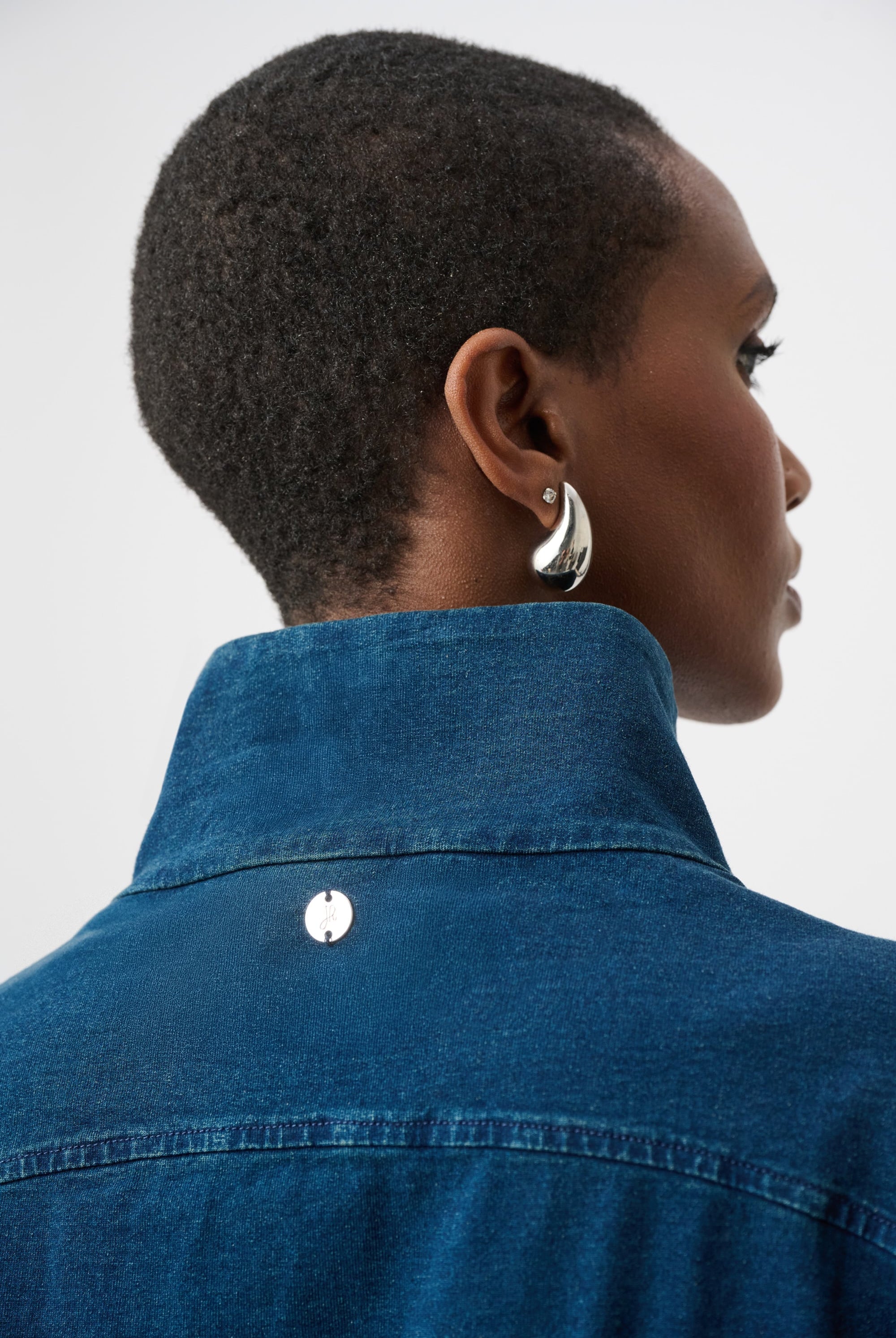 Knit Denim Funnel-Neck Bomber Jacket