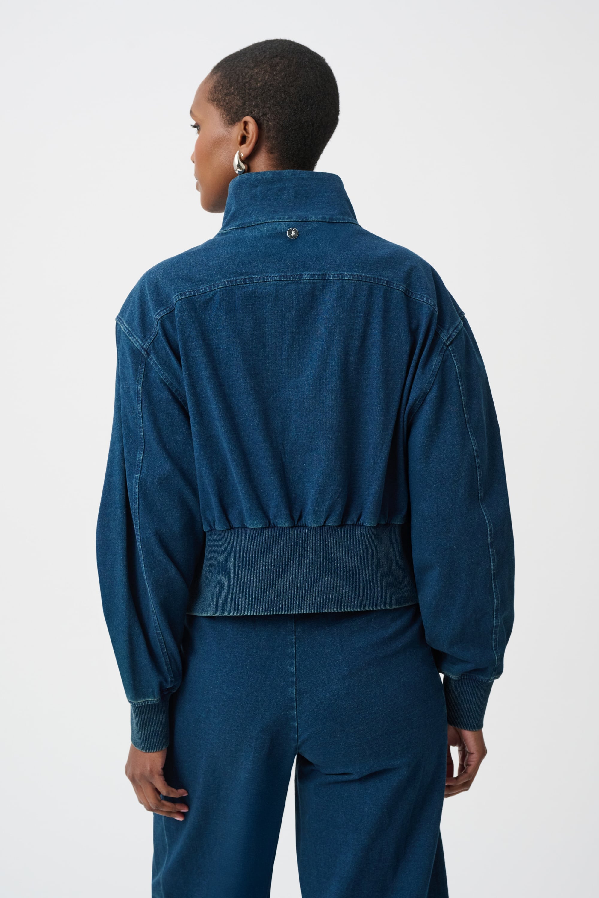 Knit Denim Funnel-Neck Bomber Jacket
