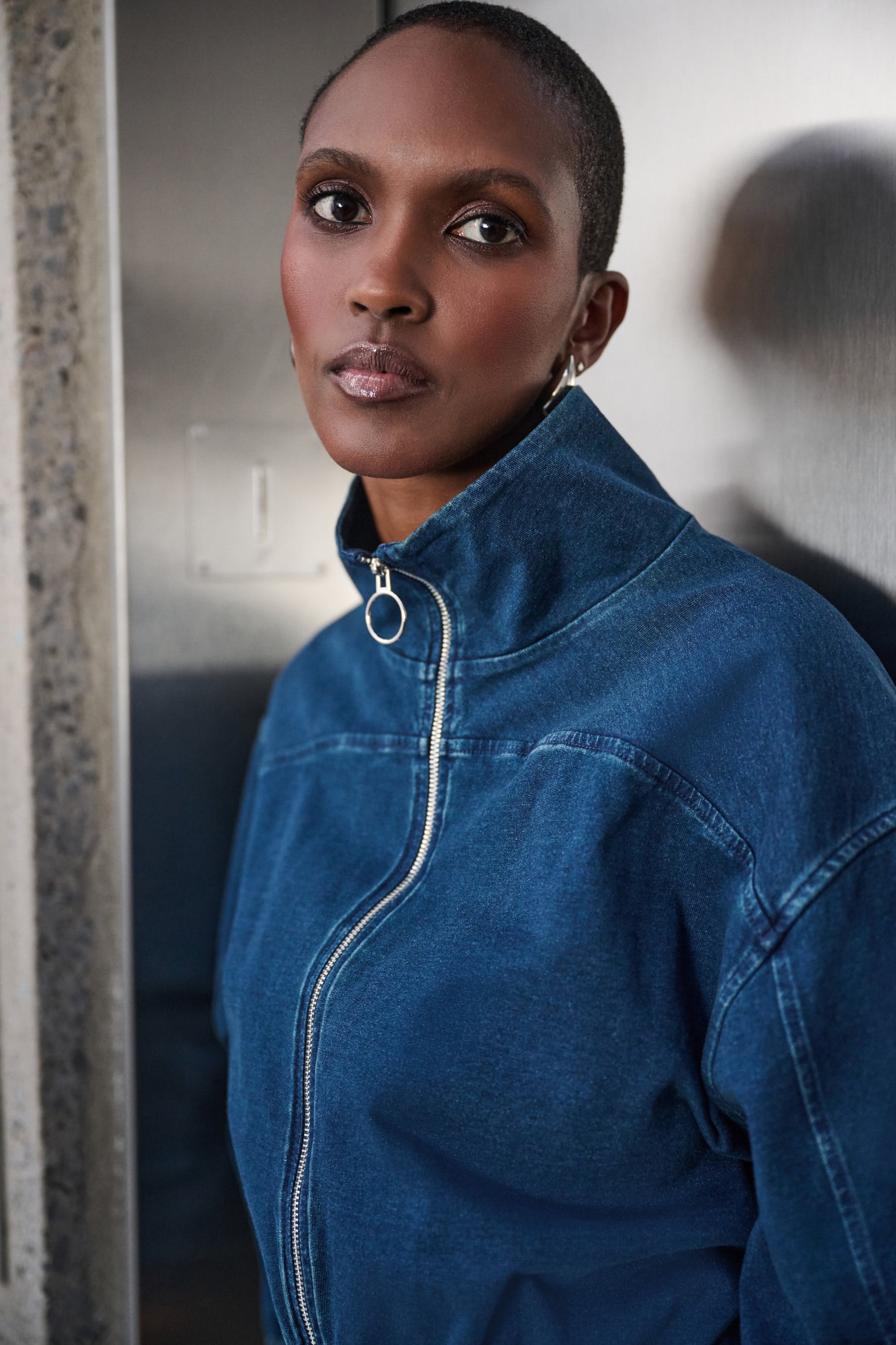 Knit Denim Funnel-Neck Bomber Jacket