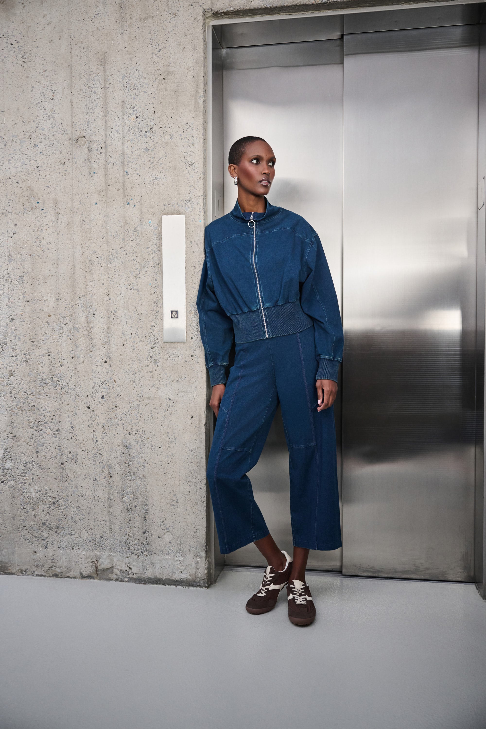 Knit Denim Culotte Pull-On Pants
