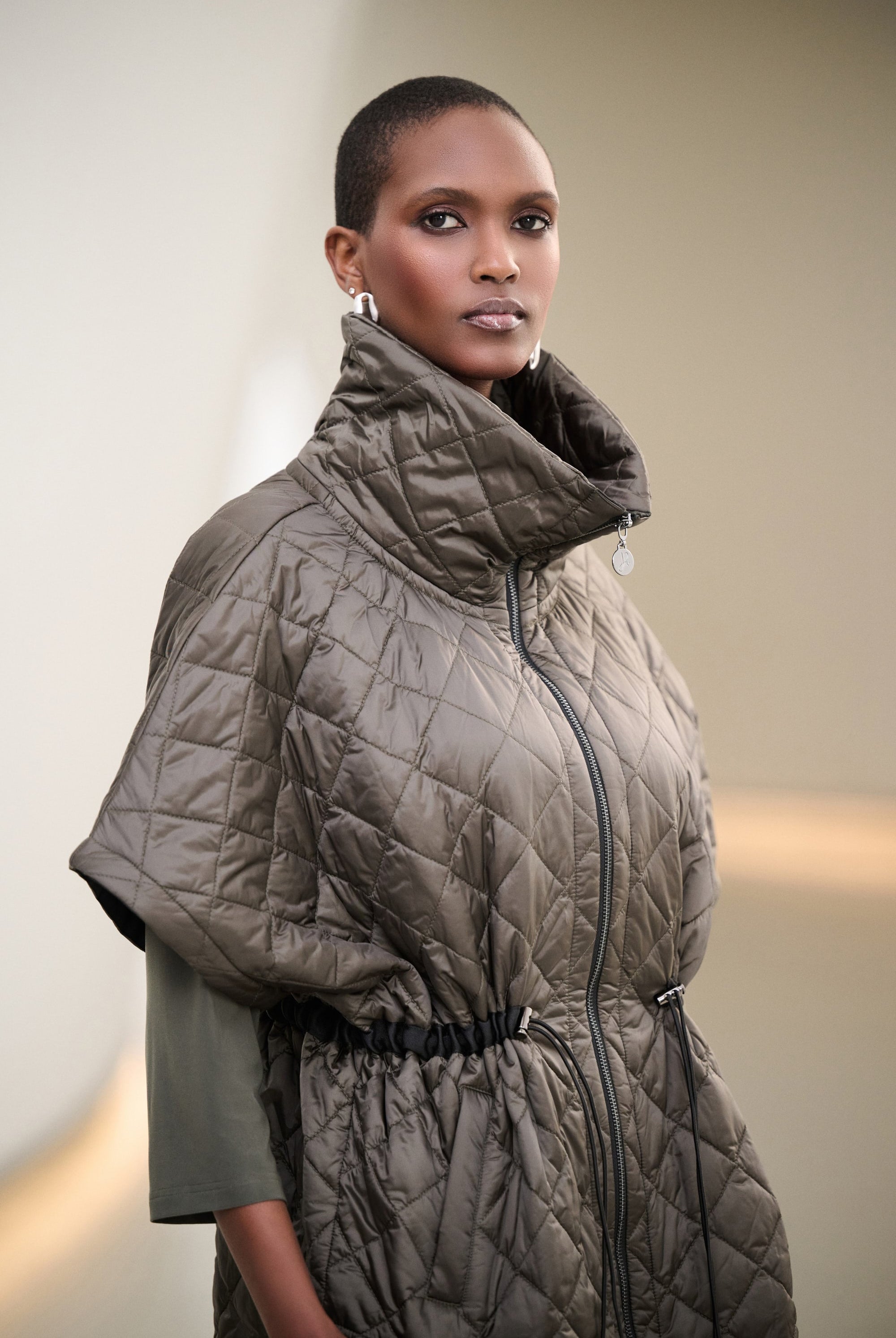Quilted Nylon Shawl-Neck Boxy Vest