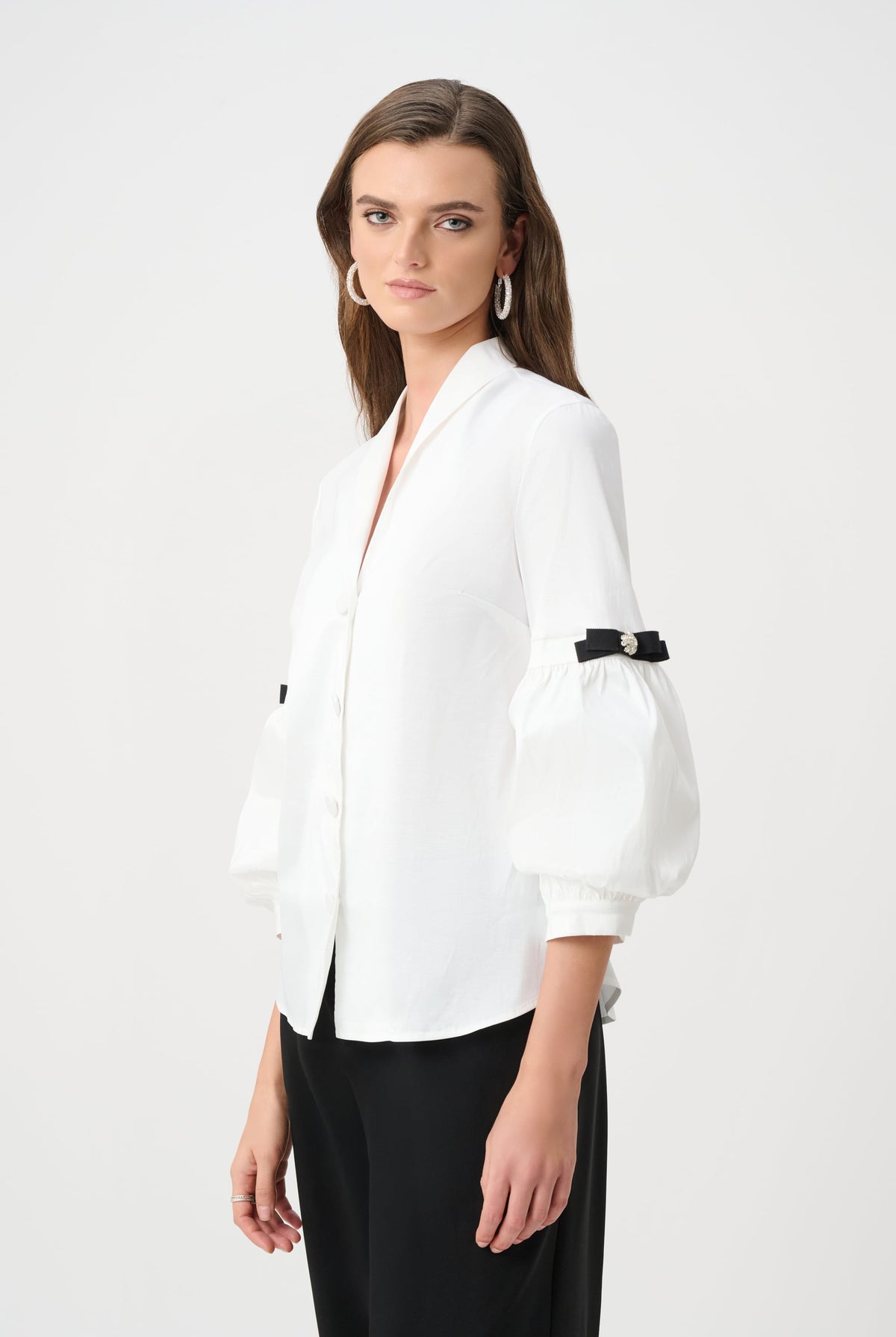 Joseph Ribkoff Signature | Stretch Taffeta Fitted Blouse With Rhinestone Buttons-263744, Vanilla