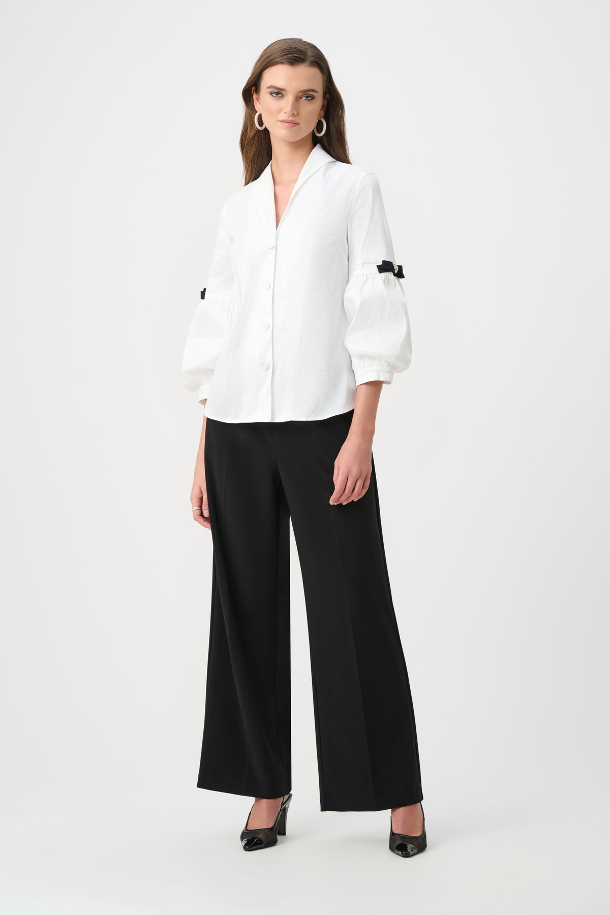 Joseph Ribkoff Signature | Stretch Taffeta Fitted Blouse With Rhinestone Buttons-263744, Vanilla