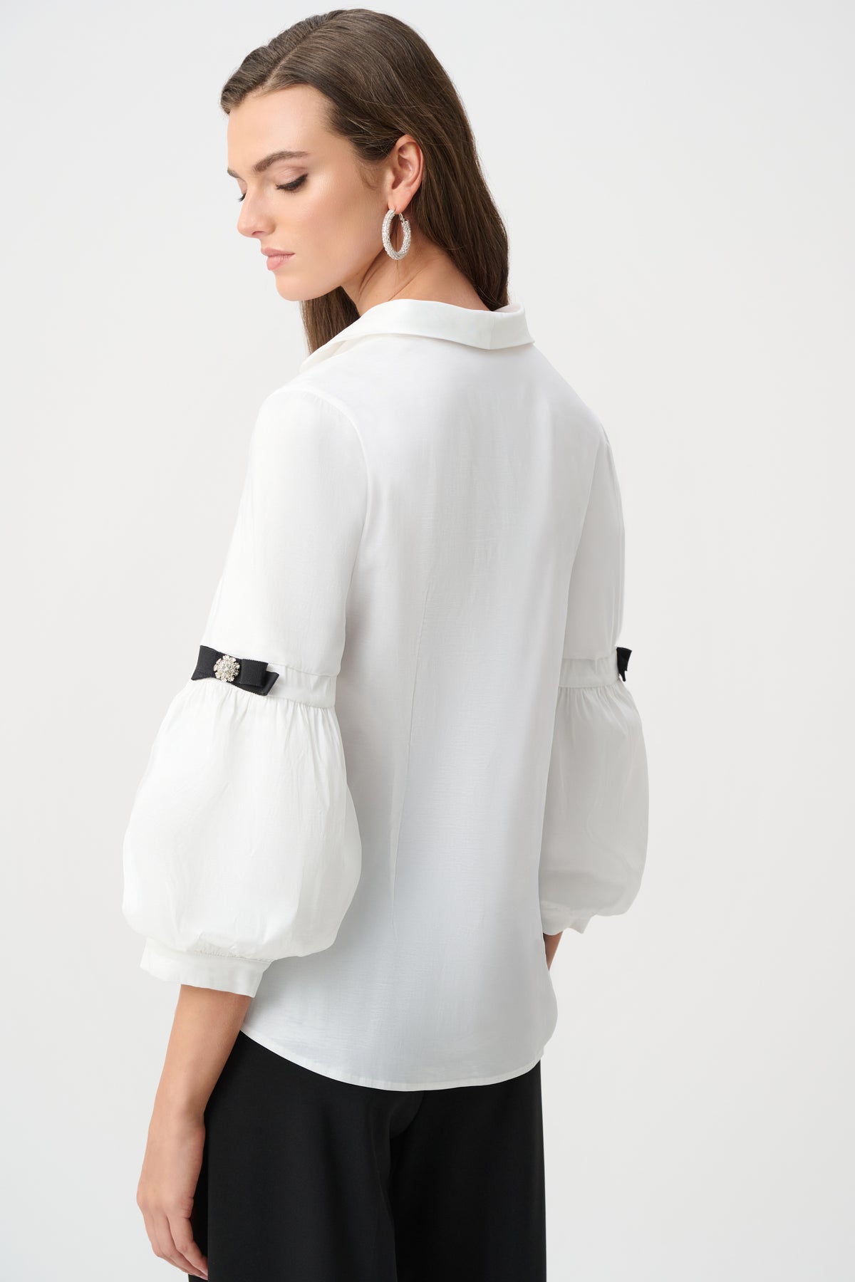 Joseph Ribkoff Signature | Stretch Taffeta Fitted Blouse With Rhinestone Buttons-263744, Vanilla