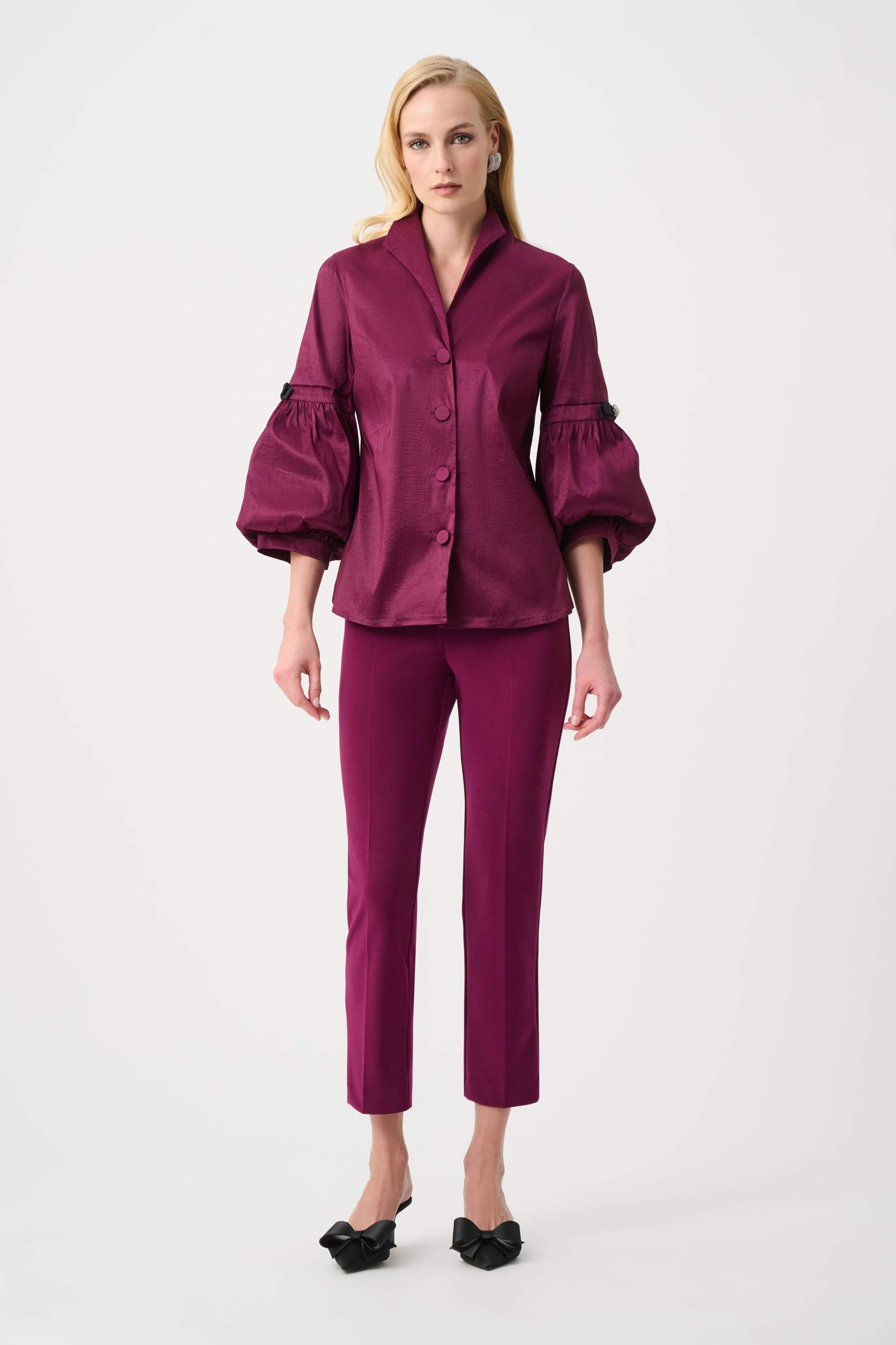 Signature | Stretch Taffeta Fitted Blouse With Rhinestone Buttons