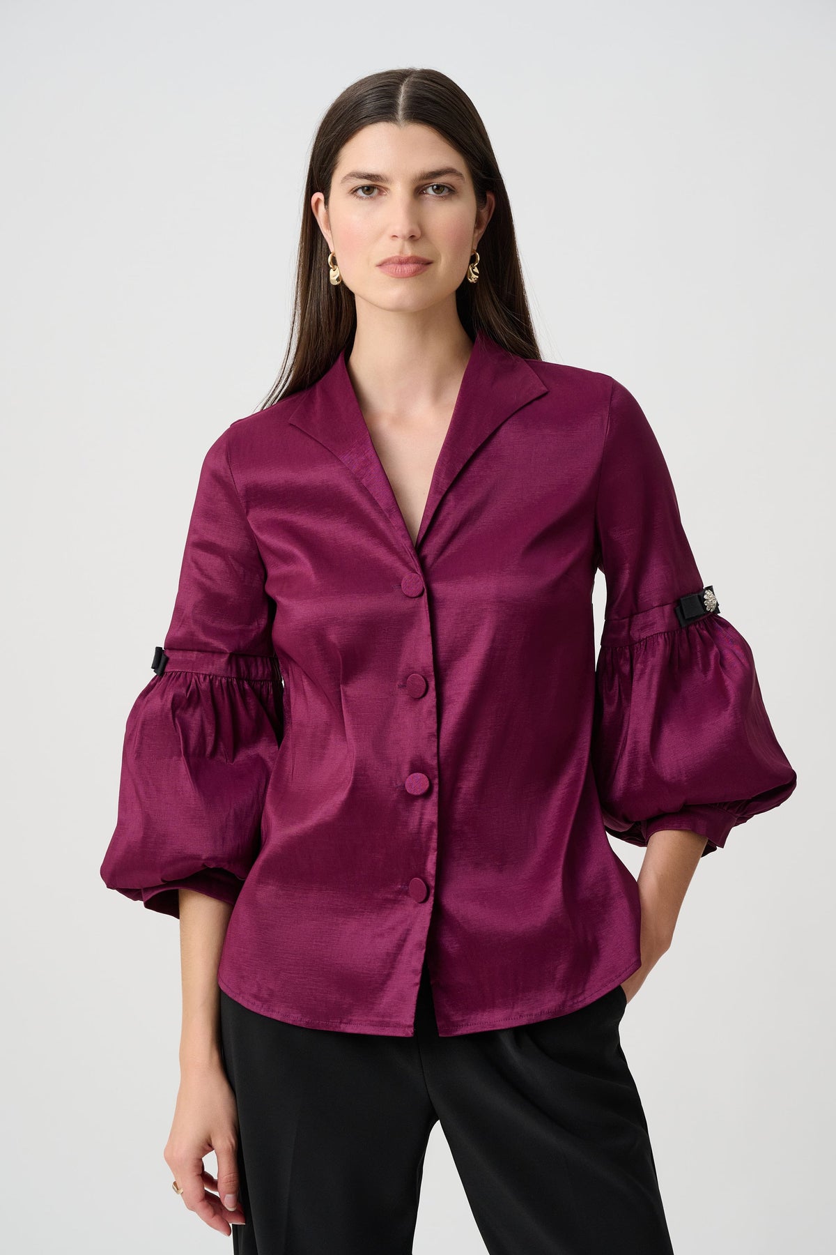 Joseph Ribkoff Signature | Stretch Taffeta Fitted Blouse With Rhinestone Buttons-263744, Berry Burst