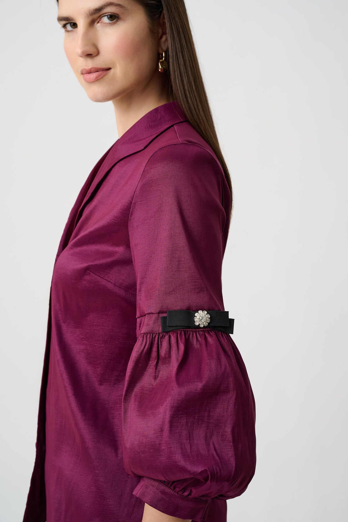 Joseph Ribkoff Signature | Stretch Taffeta Fitted Blouse With Rhinestone Buttons-263744, Berry Burst