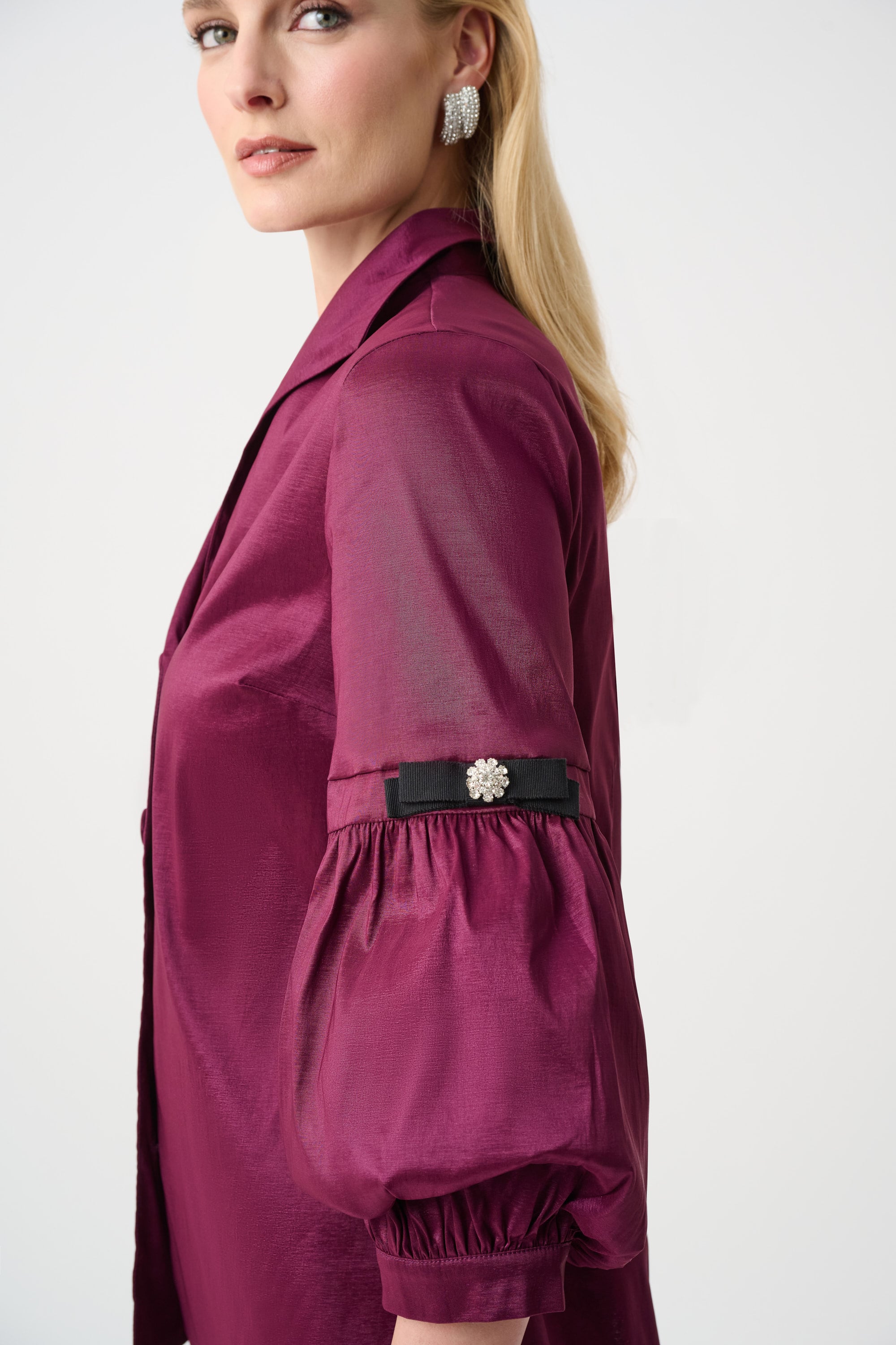 Signature | Stretch Taffeta Fitted Blouse With Rhinestone Buttons