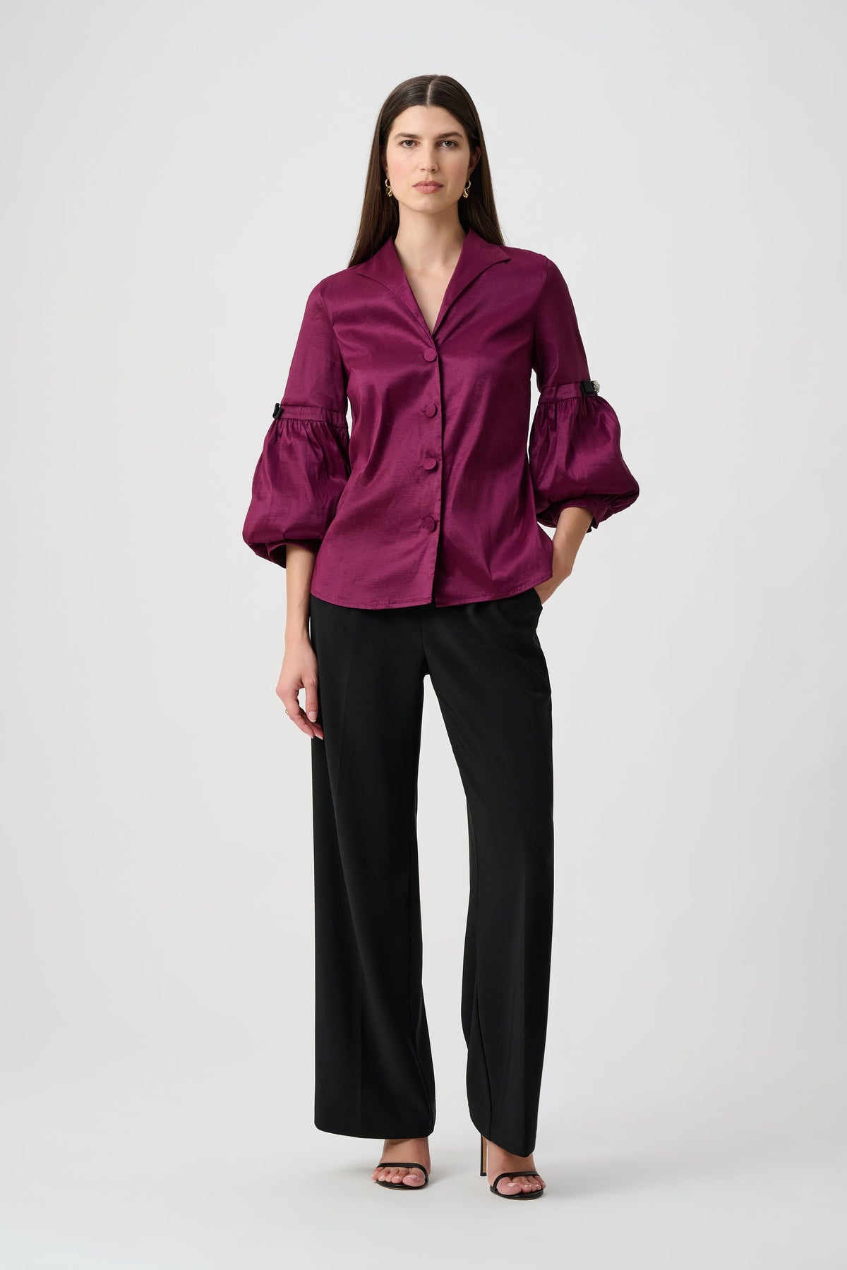 Joseph Ribkoff Signature | Stretch Taffeta Fitted Blouse With Rhinestone Buttons-263744, Berry Burst