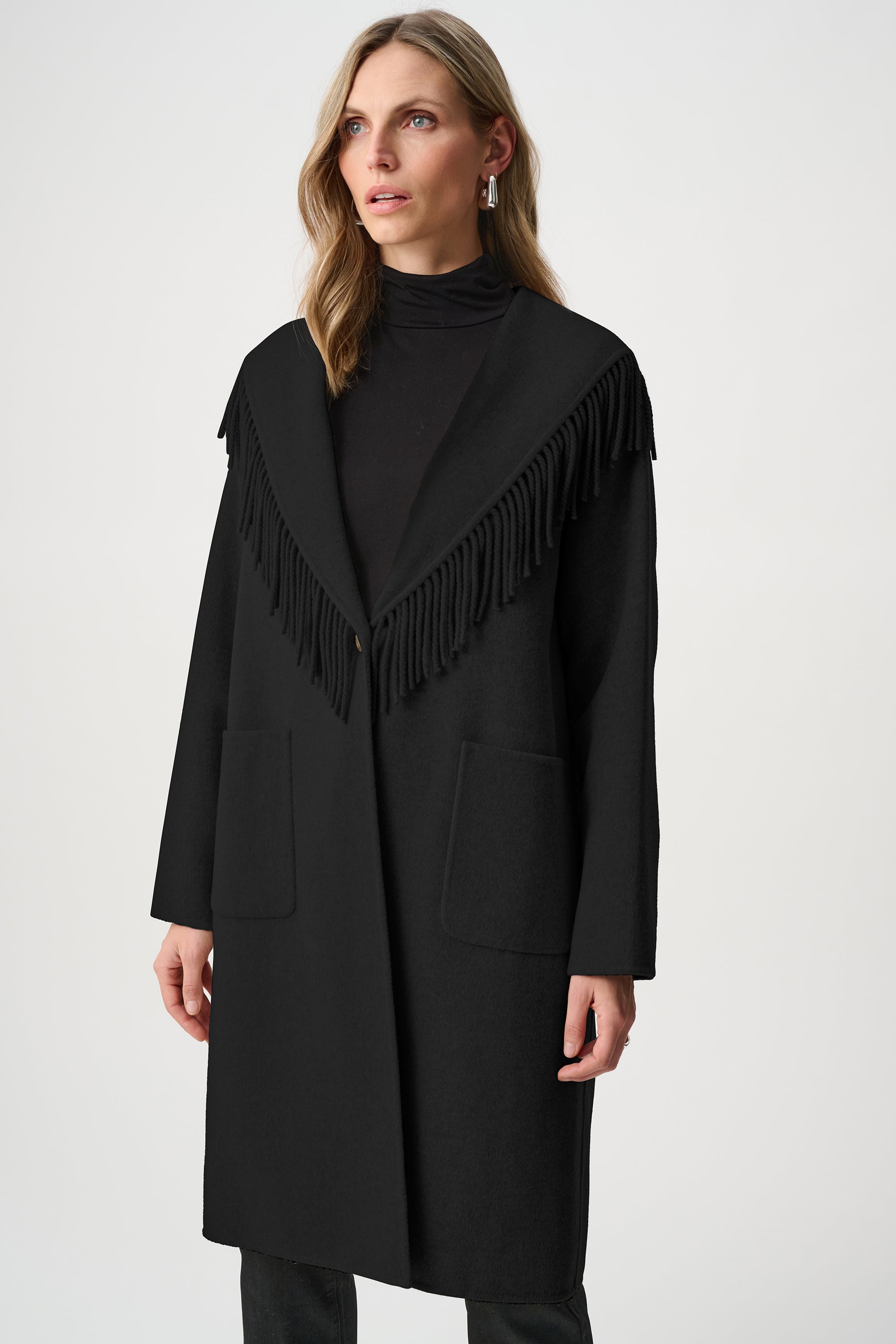 Wool Blend Shawl Collar Fringed Coat