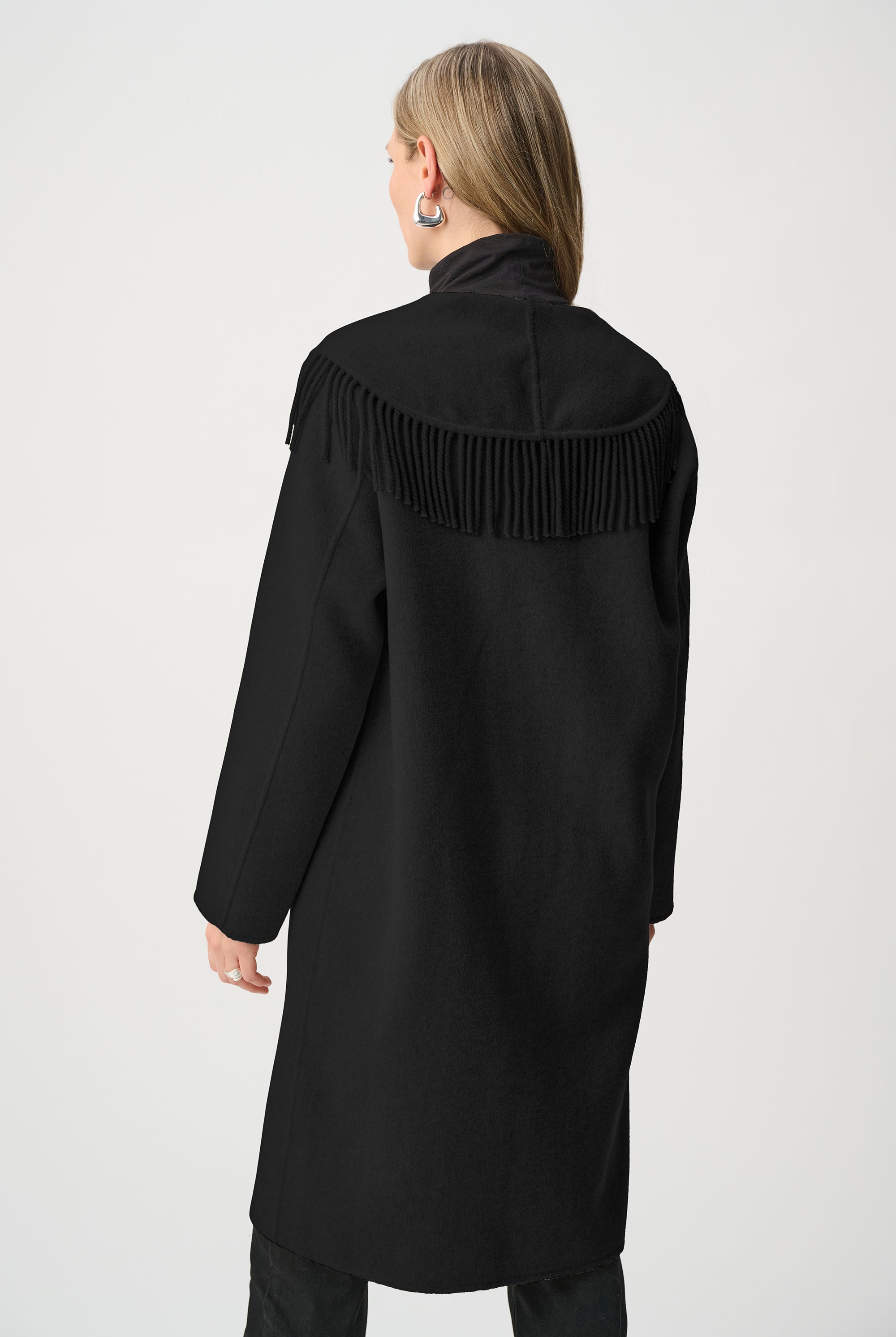 Wool Blend Shawl Collar Fringed Coat