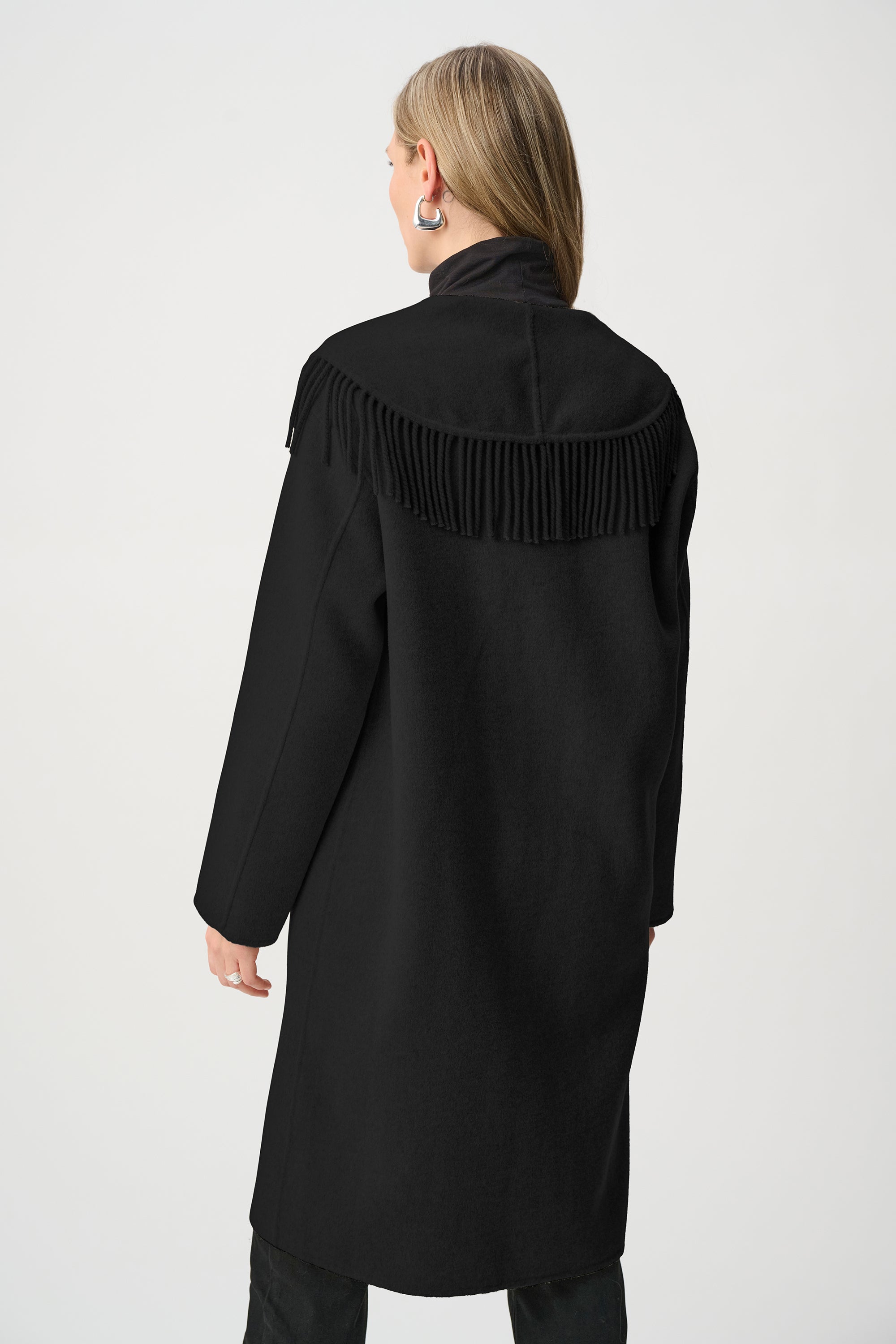 Wool Blend Shawl Collar Fringed Coat