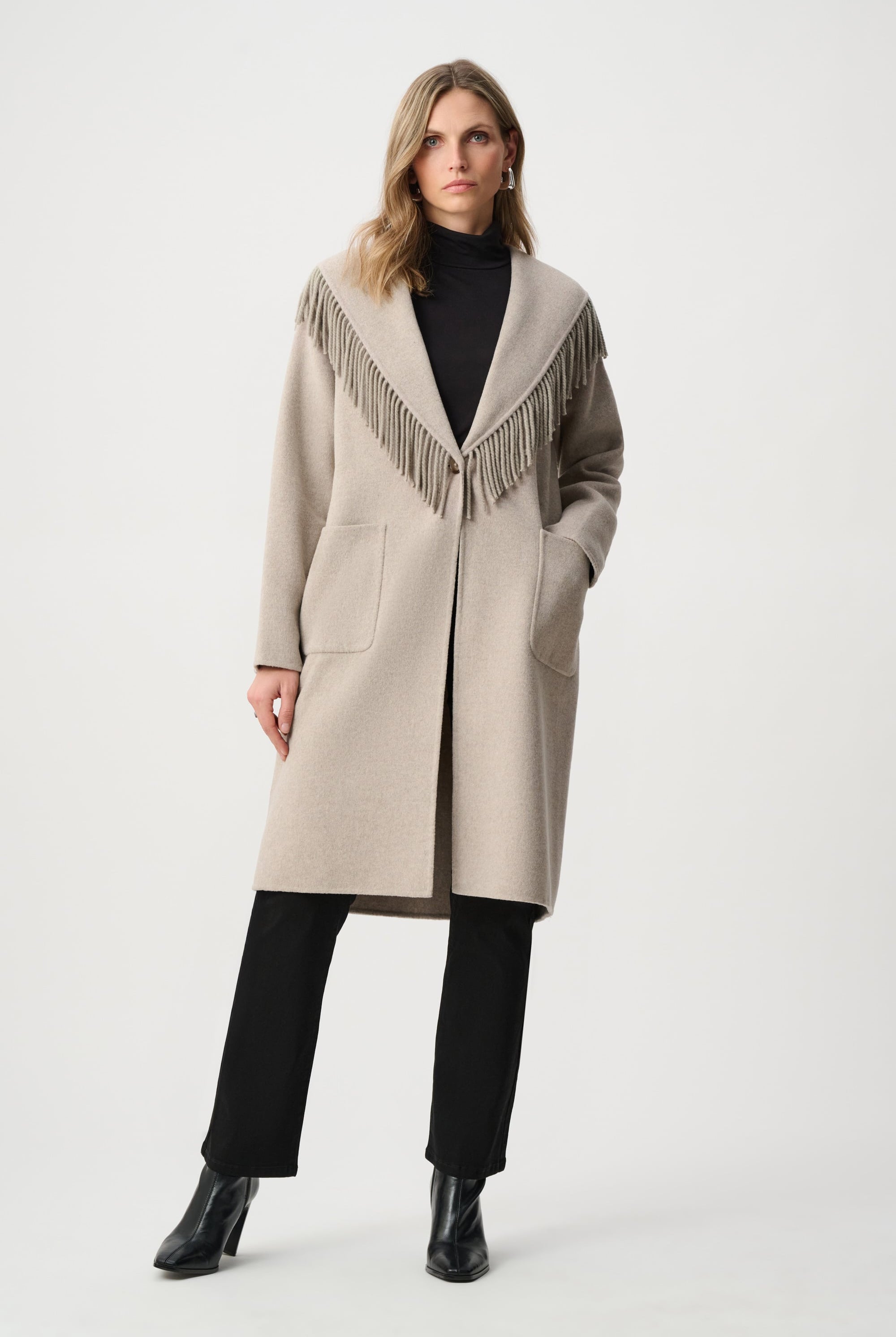 Wool Blend Shawl Collar Fringed Coat