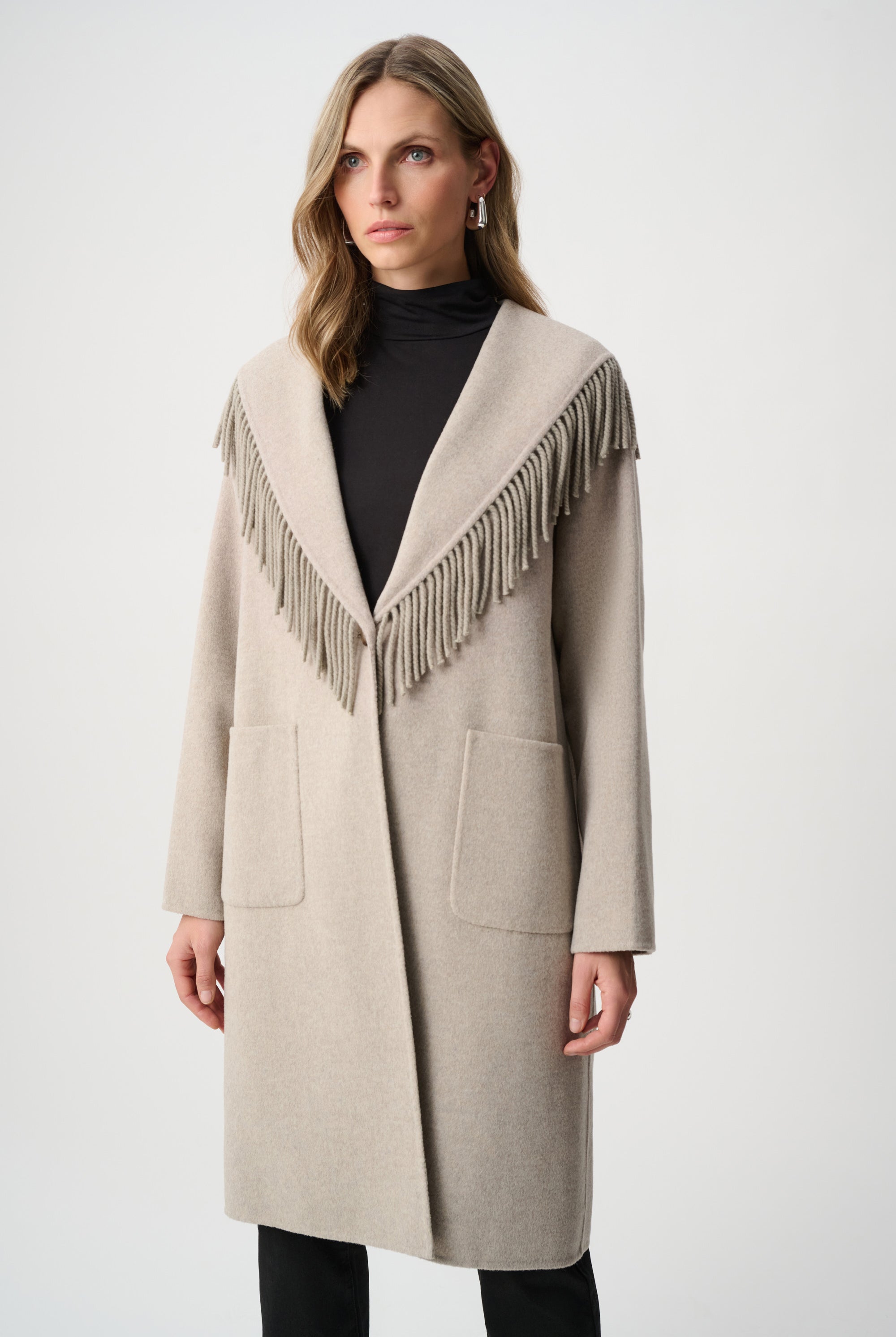 Wool Blend Shawl Collar Fringed Coat