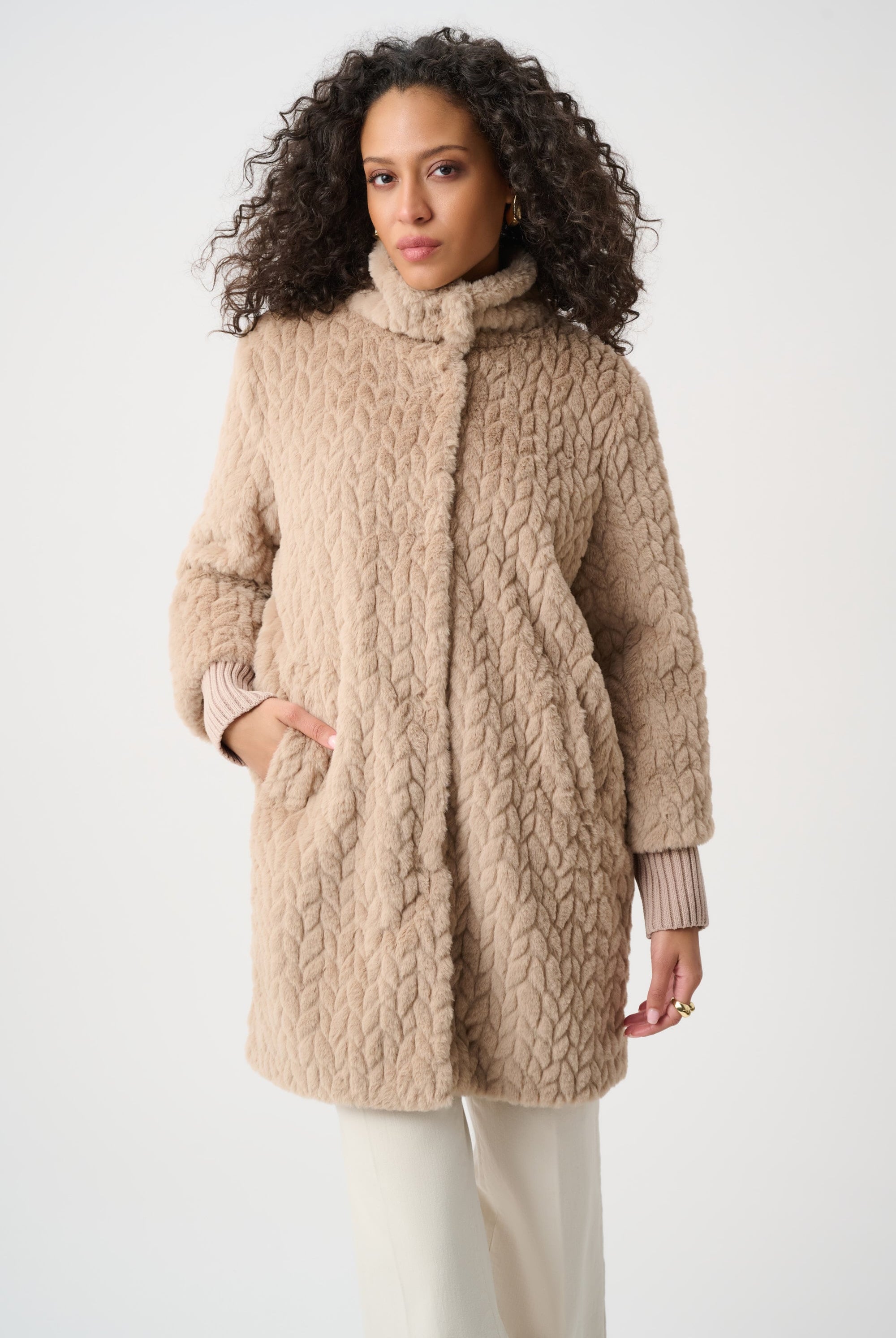 Textured Faux Fur Mock-Neck Coat