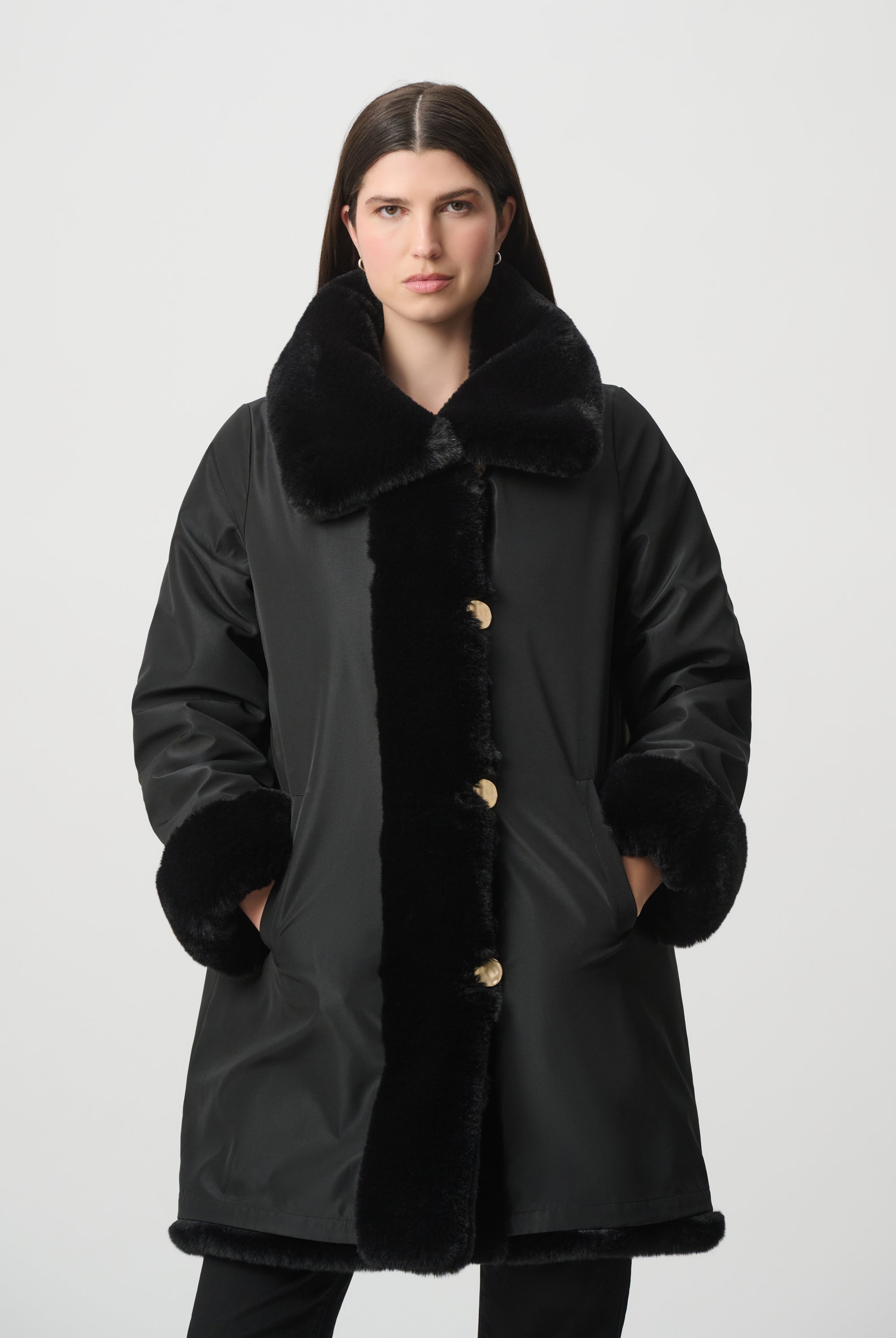 Textured Faux Fur Funnel-Neck Reversible Coat