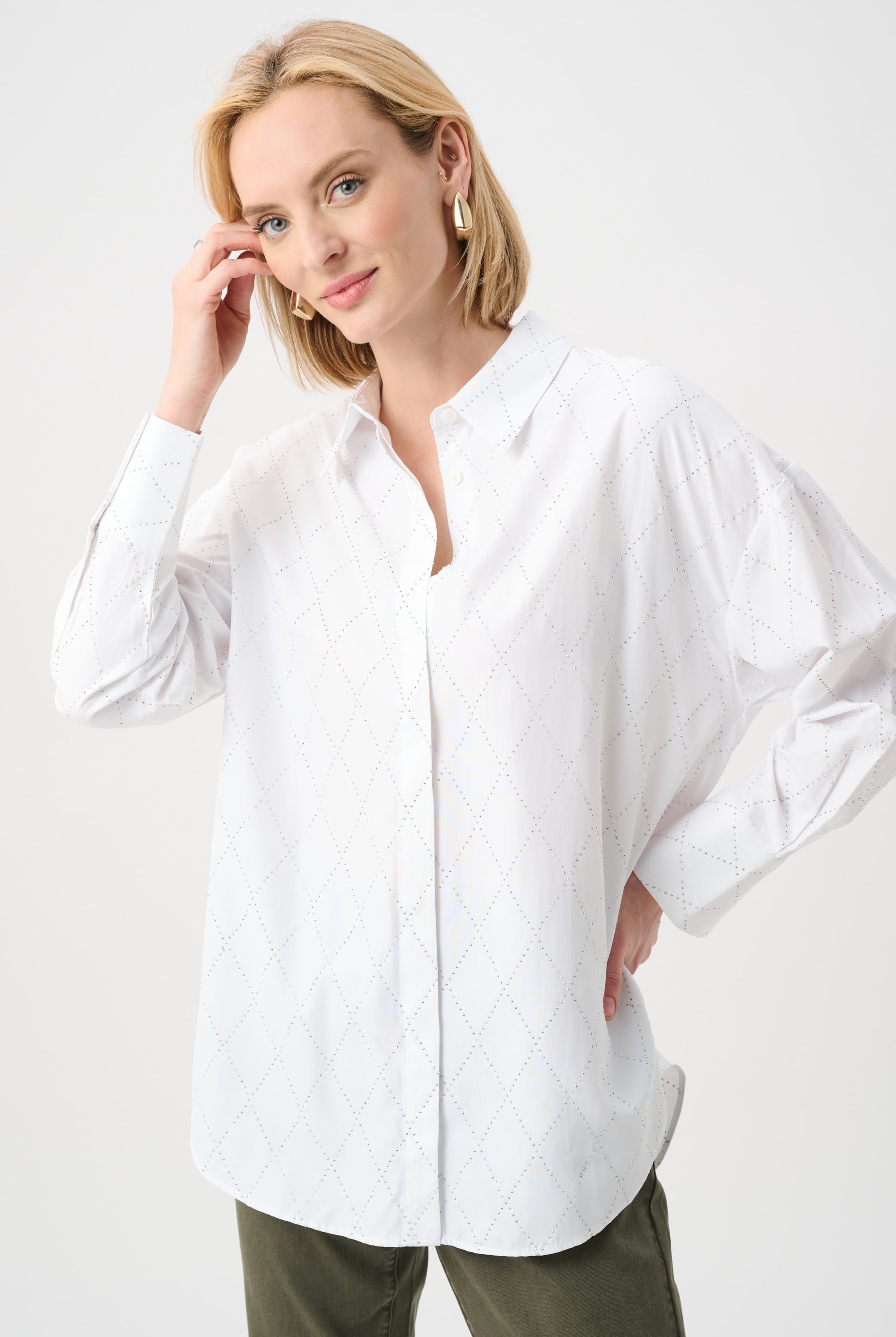 Tencel Boxy Blouse With All-Over Rhinestone Detail