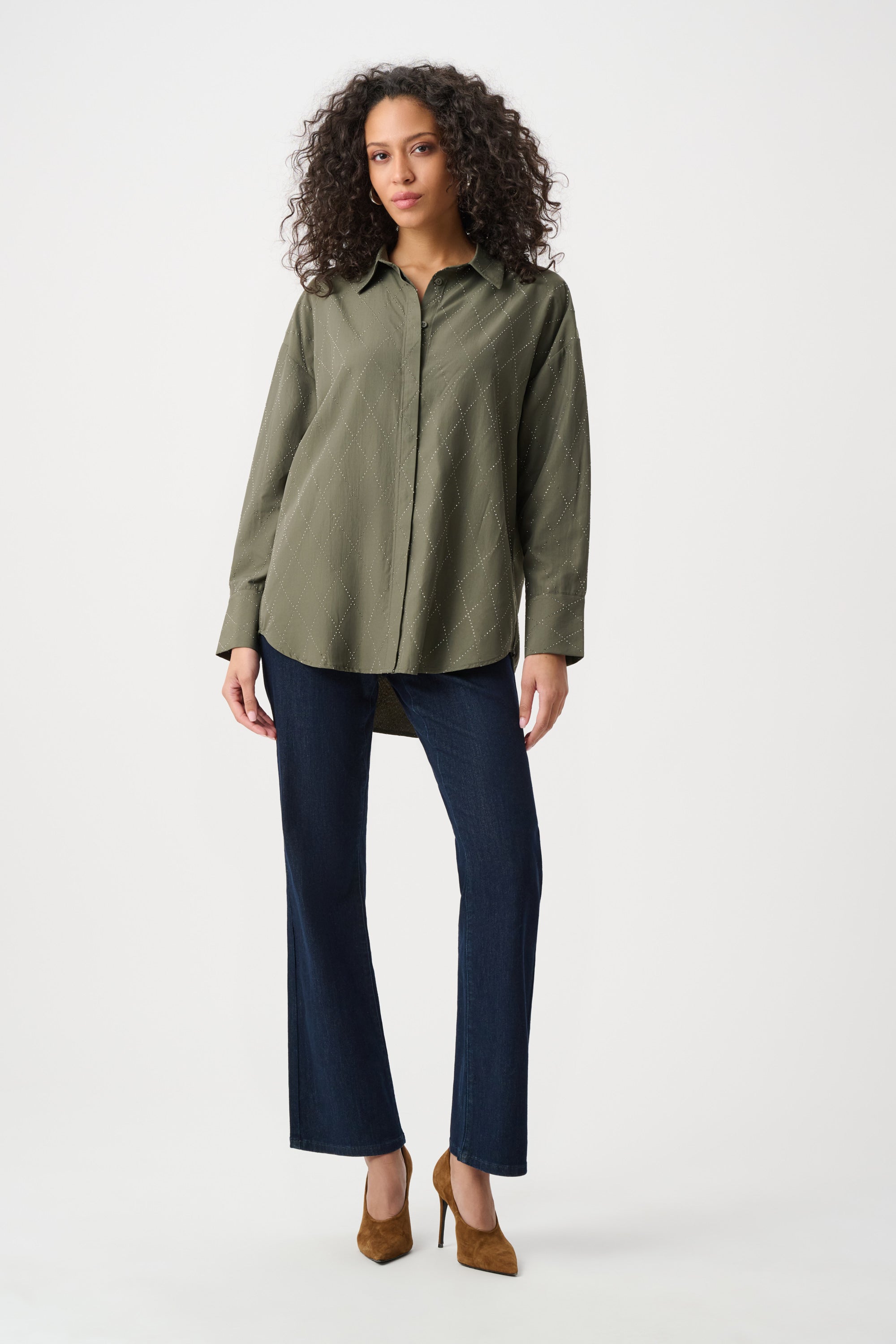 Tencel Boxy Blouse With All-Over Rhinestone Detail