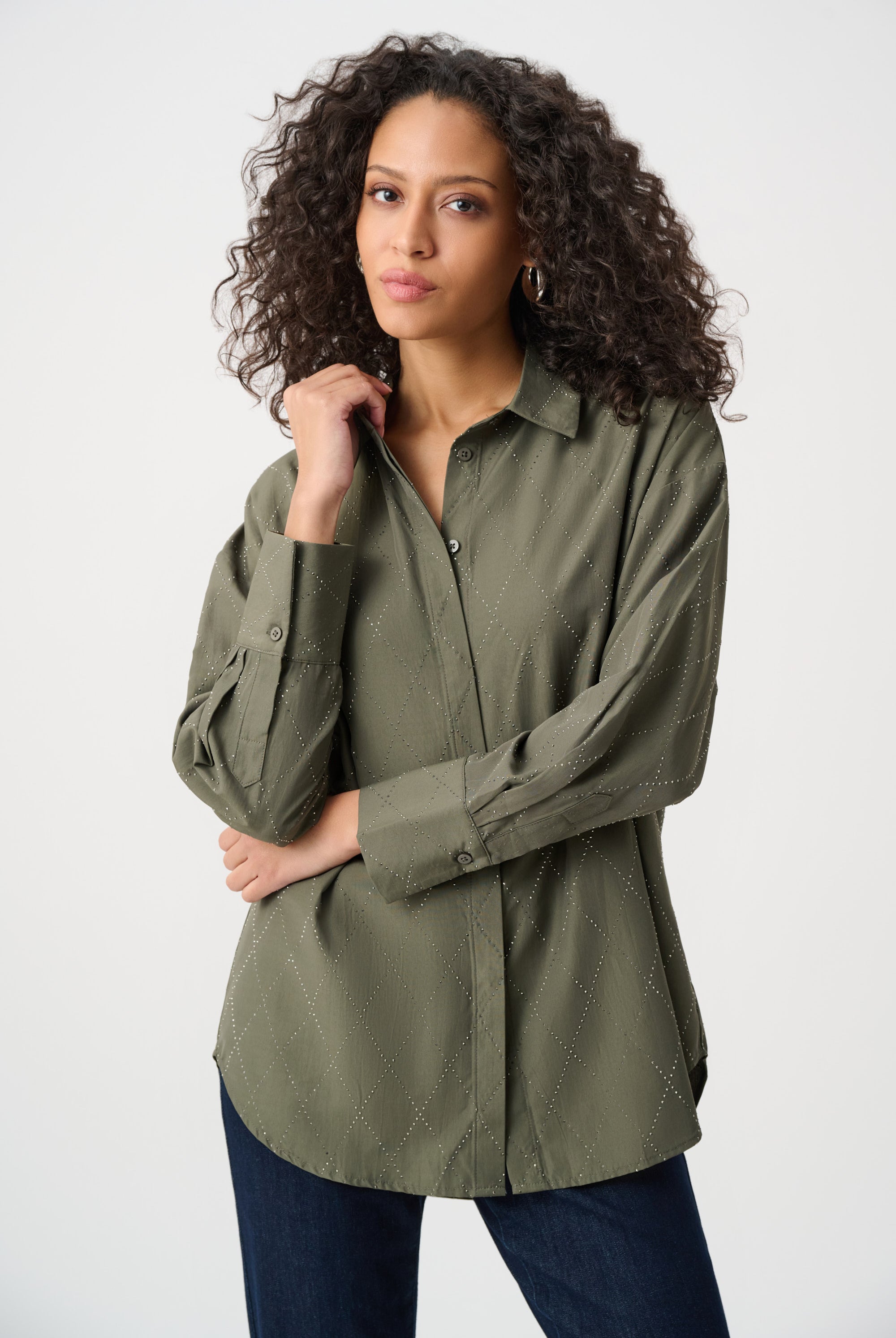 Tencel Boxy Blouse With All-Over Rhinestone Detail