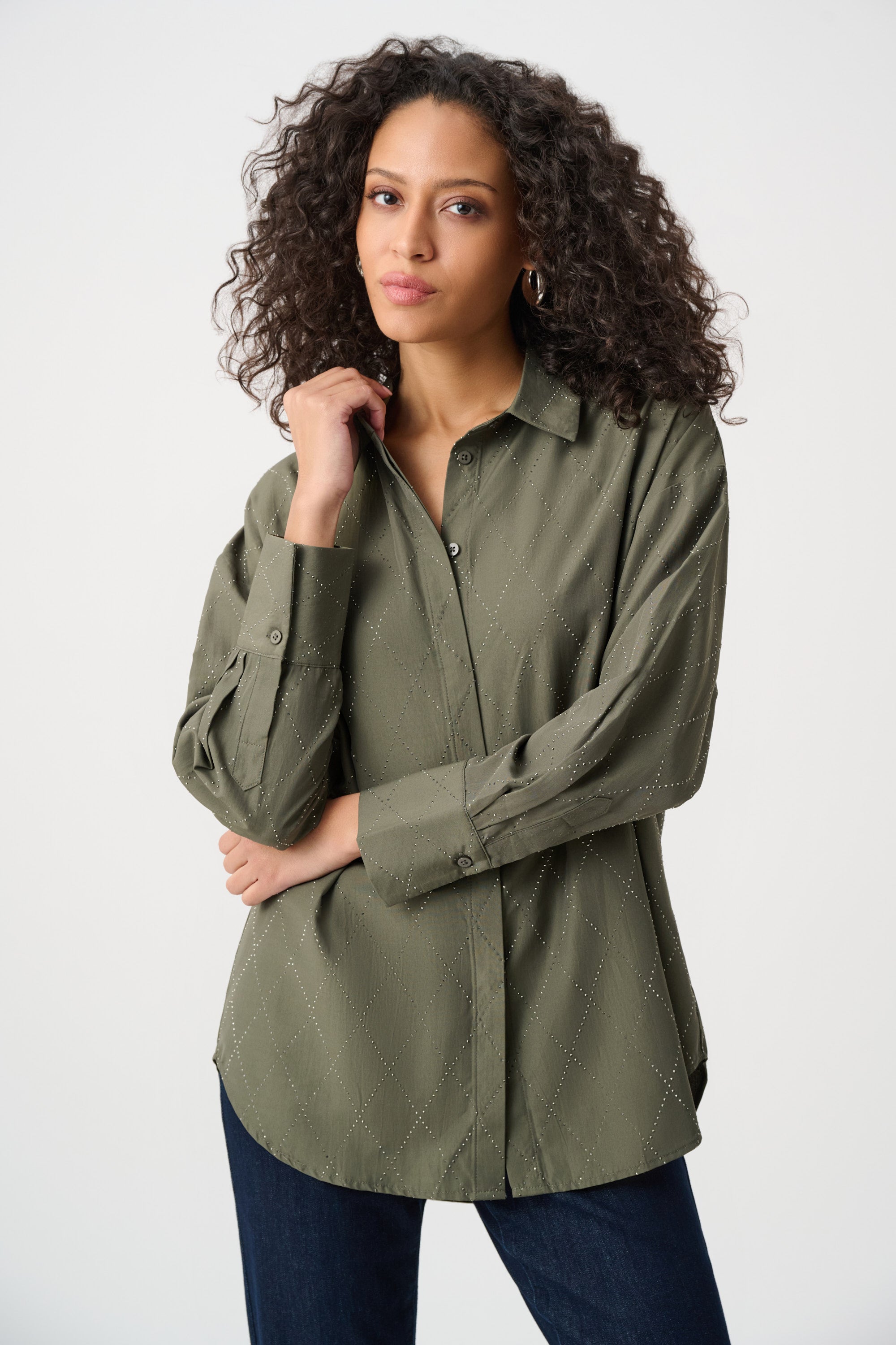 Tencel Boxy Blouse With All-Over Rhinestone Detail