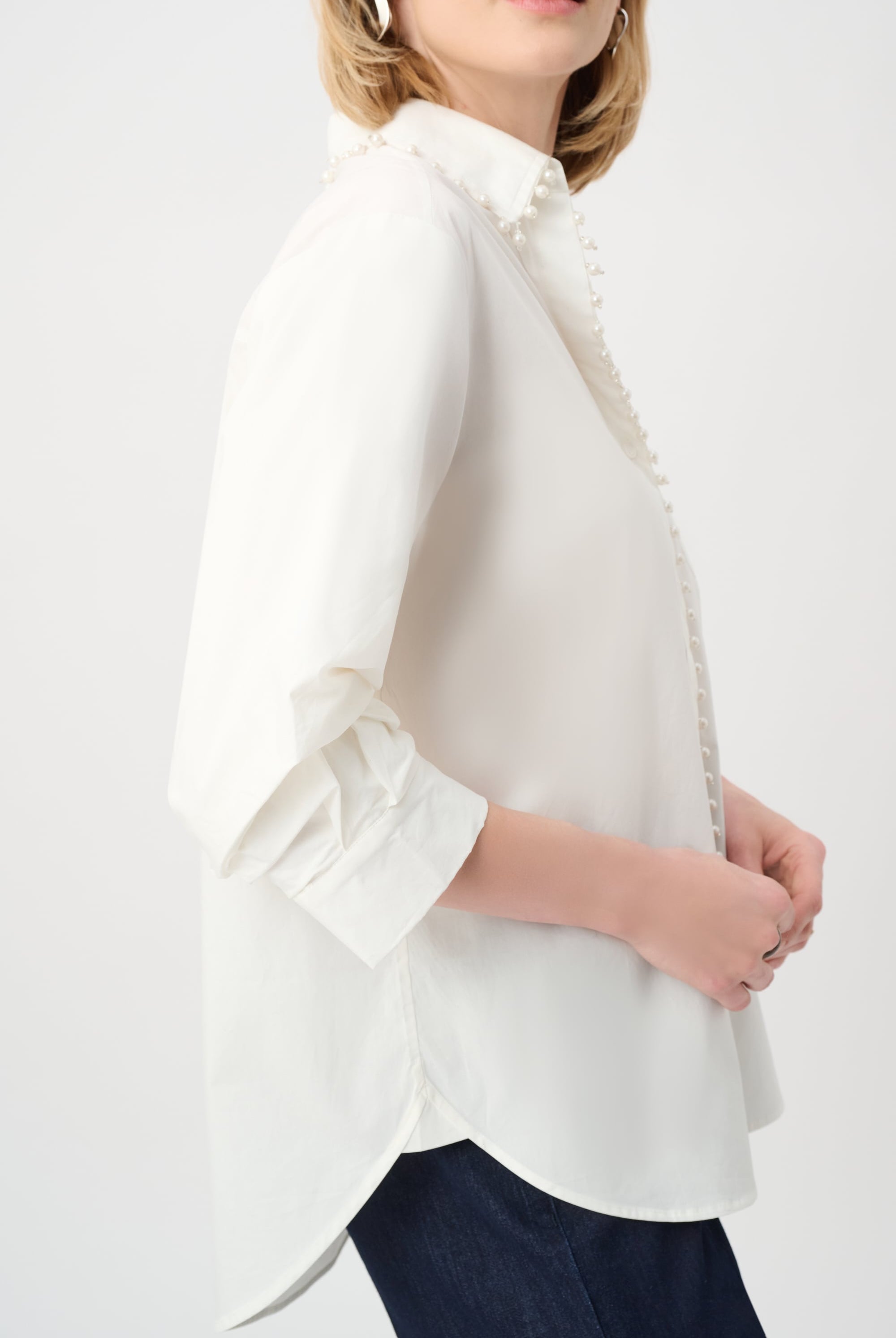 Cotton Poplin Pearl Trim Boxy Blouse