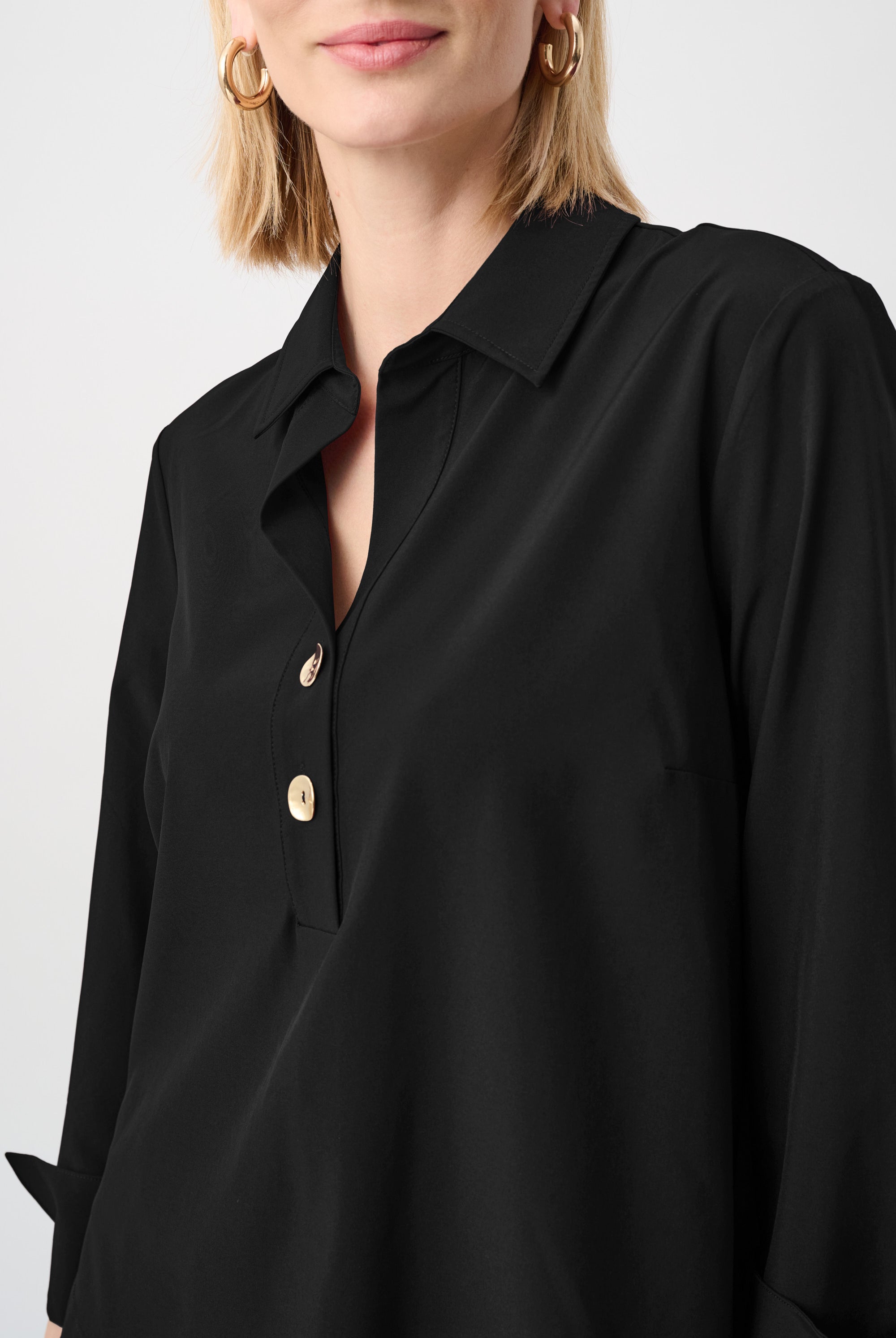 Stretch Poplin Shirt-Collar Boxy Top