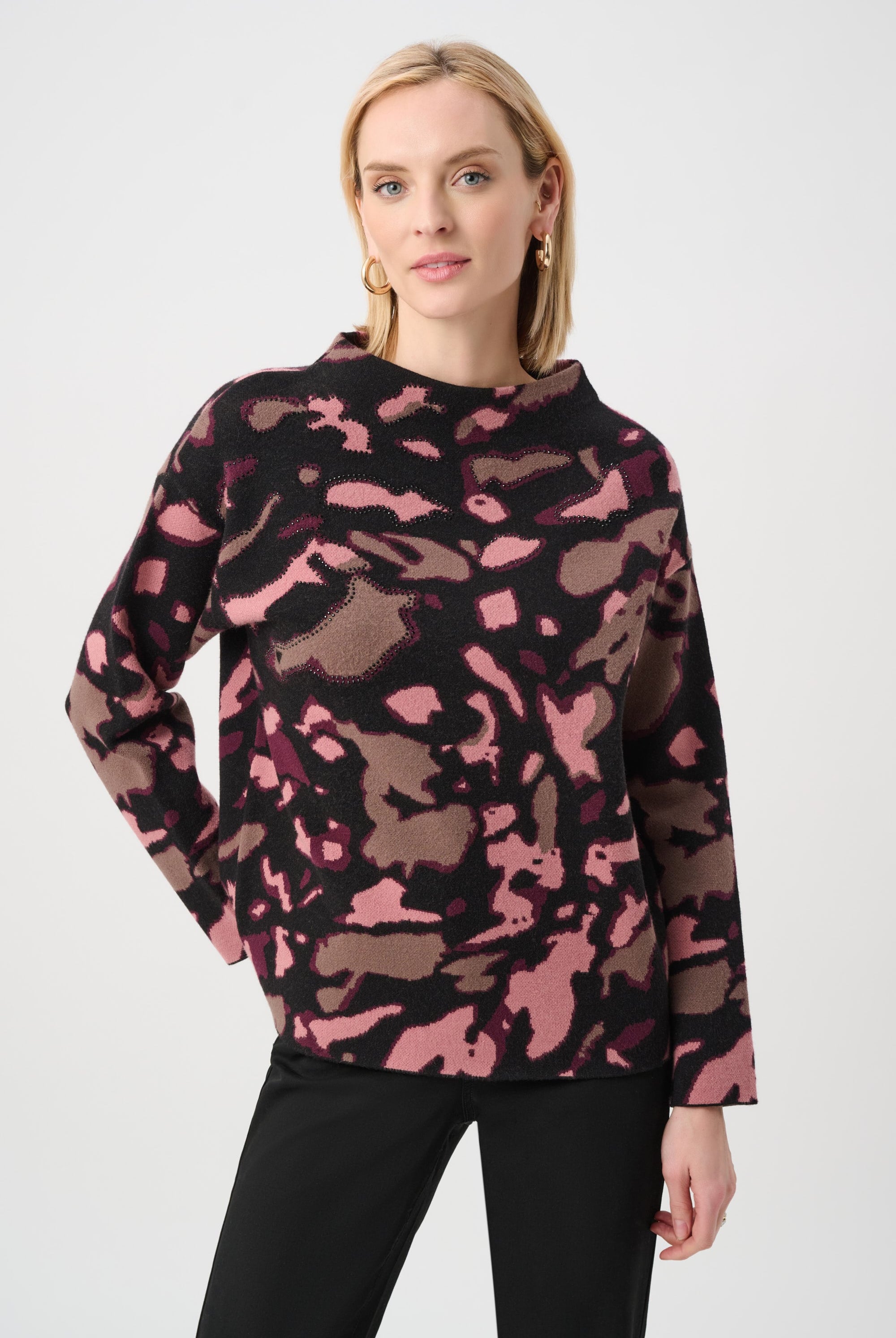 Abstract Jacquard Sweater With Rhinestone Detail