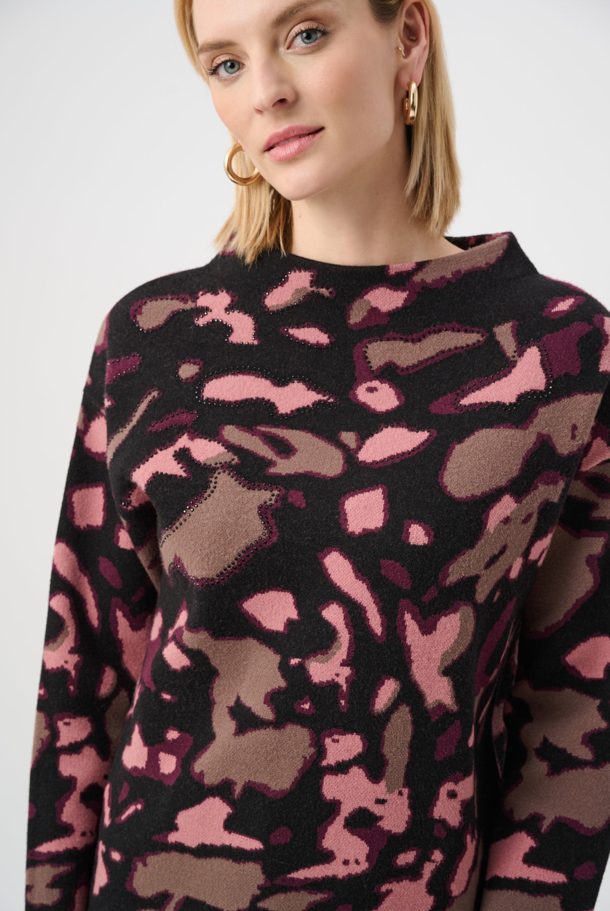 Abstract Jacquard Sweater With Rhinestone Detail