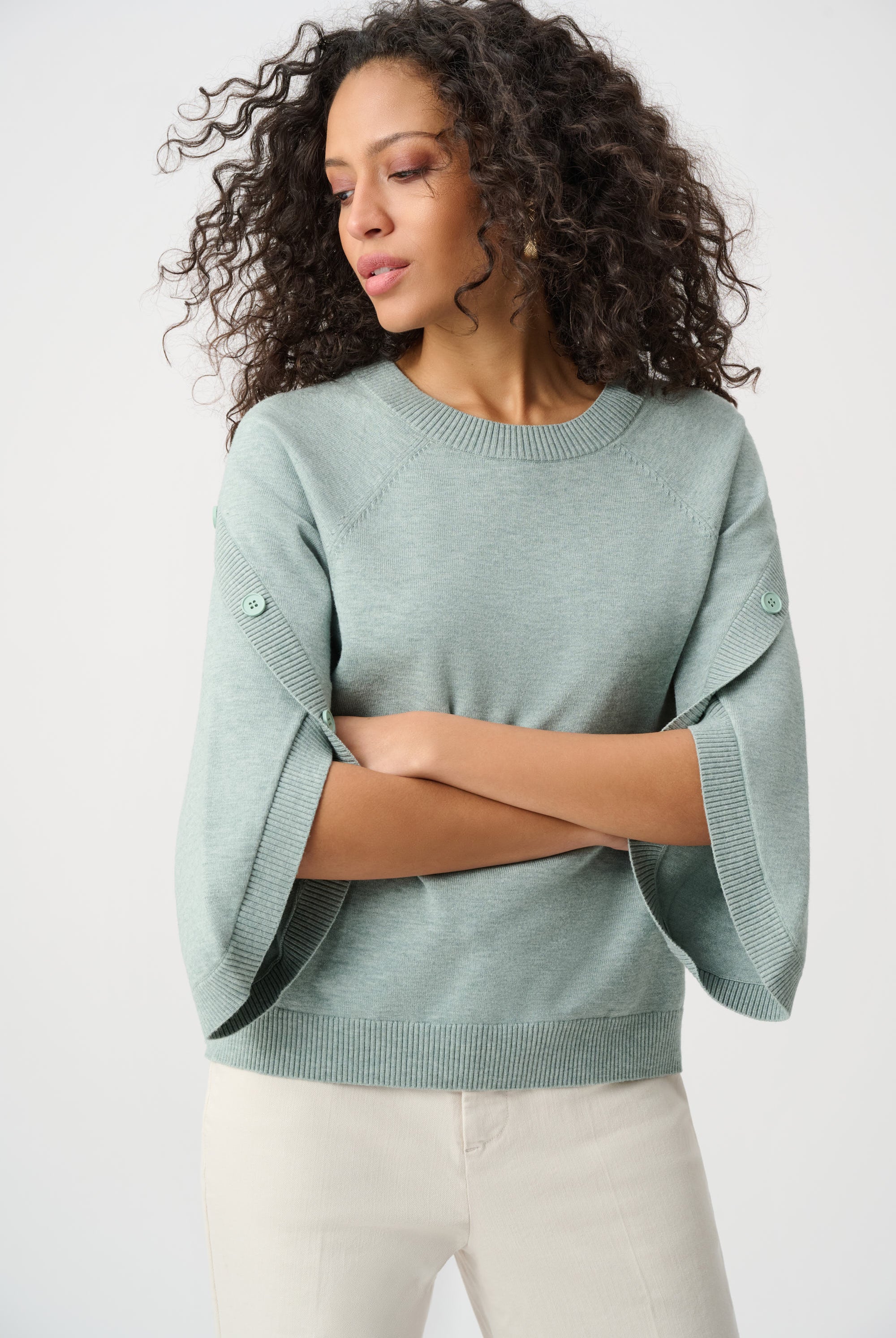 Brushed Viscose And Nylon Knit Tulip Sleeve Sweater