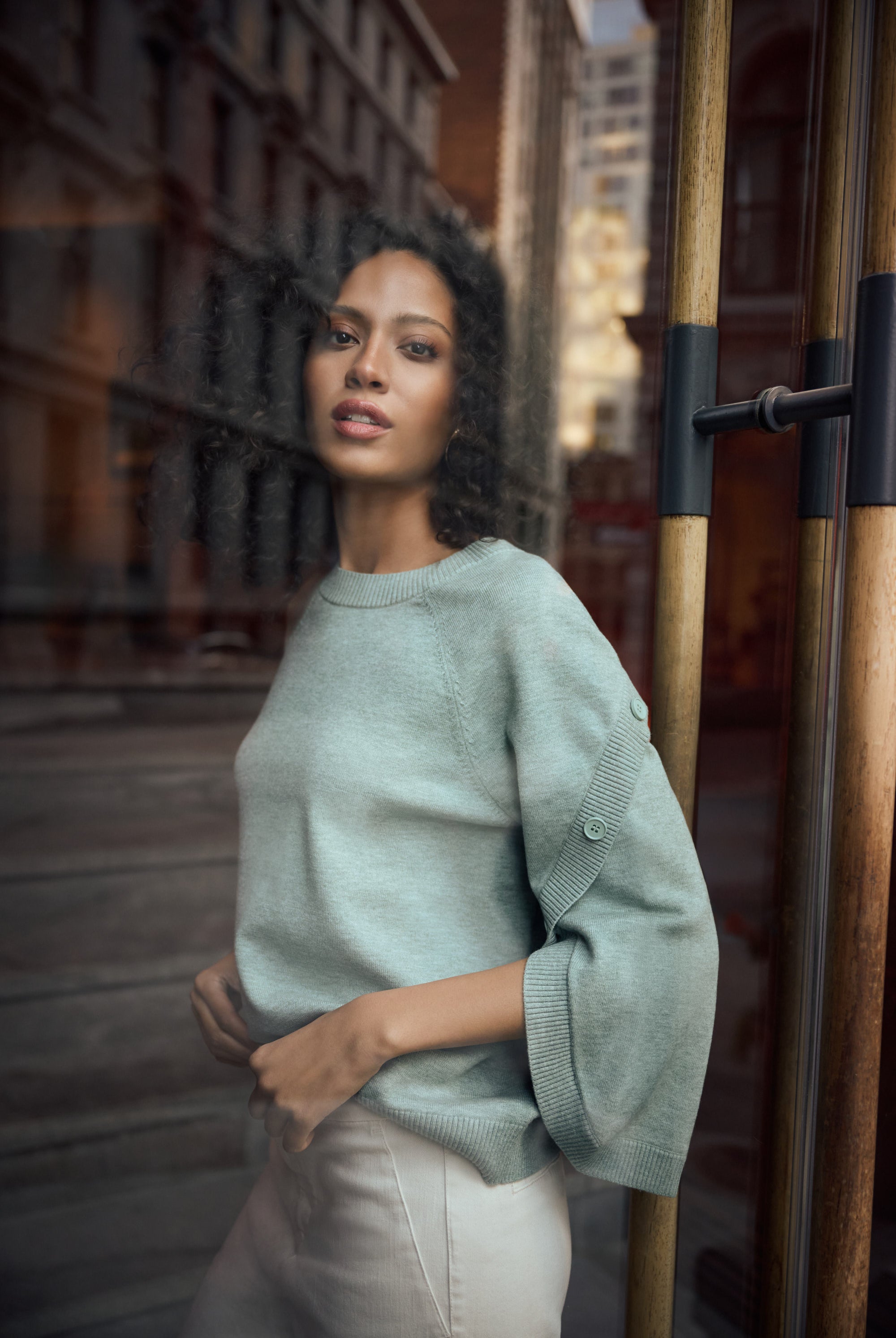 Brushed Viscose And Nylon Knit Tulip Sleeve Sweater