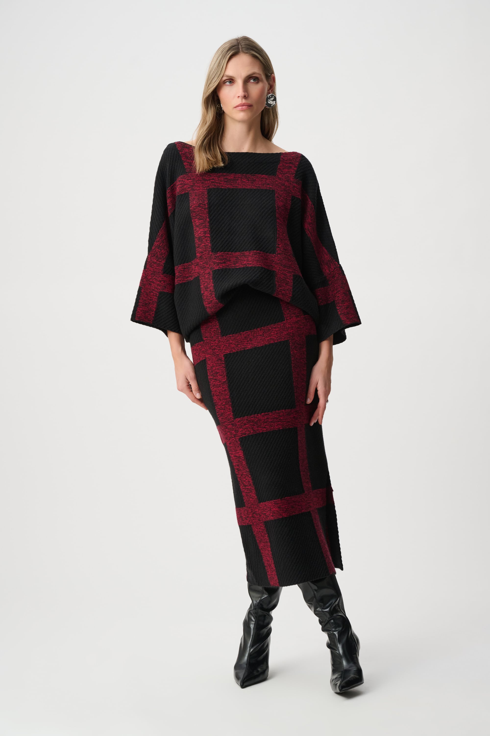 Brushed Viscose And Nylon Knit Plaid Pencil Skirt