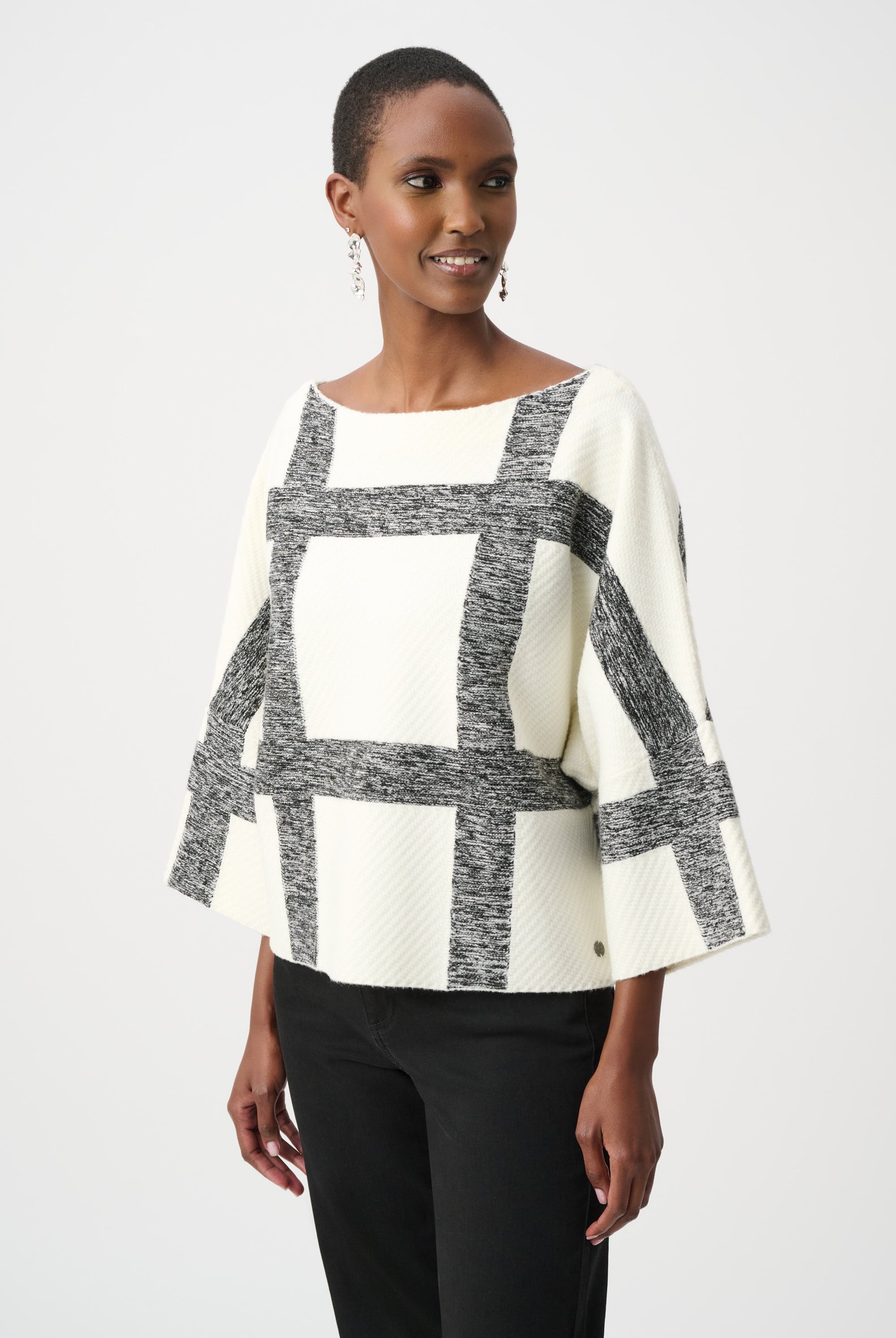 Brushed Viscose And Nylon Plaid Boat-Neck Sweater