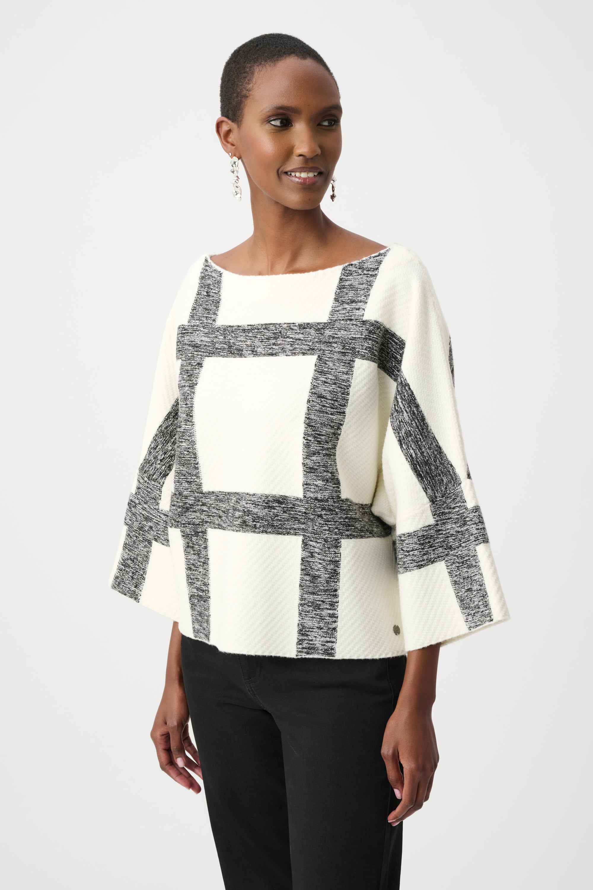 Brushed Viscose And Nylon Plaid Boat-Neck Sweater