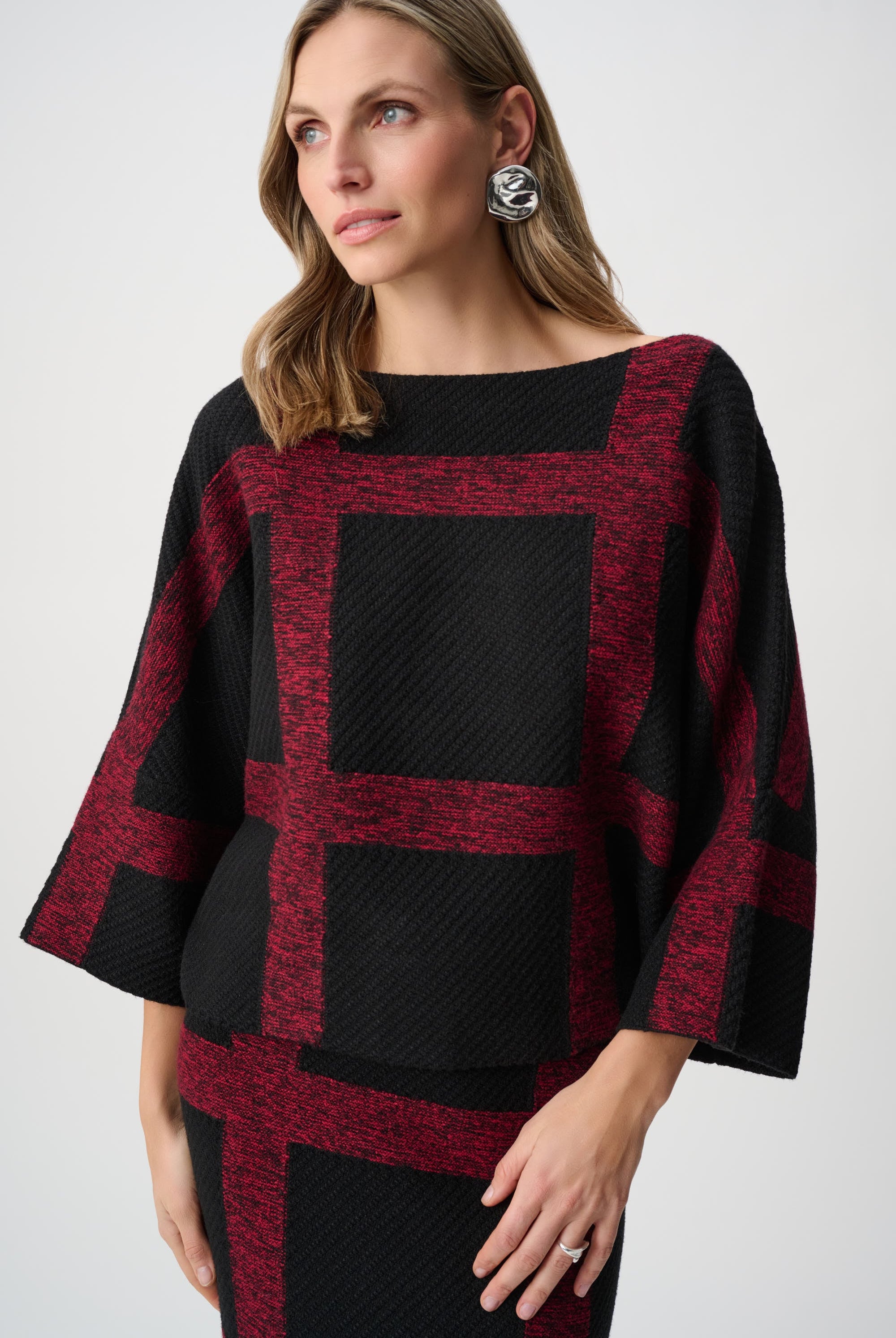 Brushed Viscose And Nylon Plaid Boat-Neck Sweater