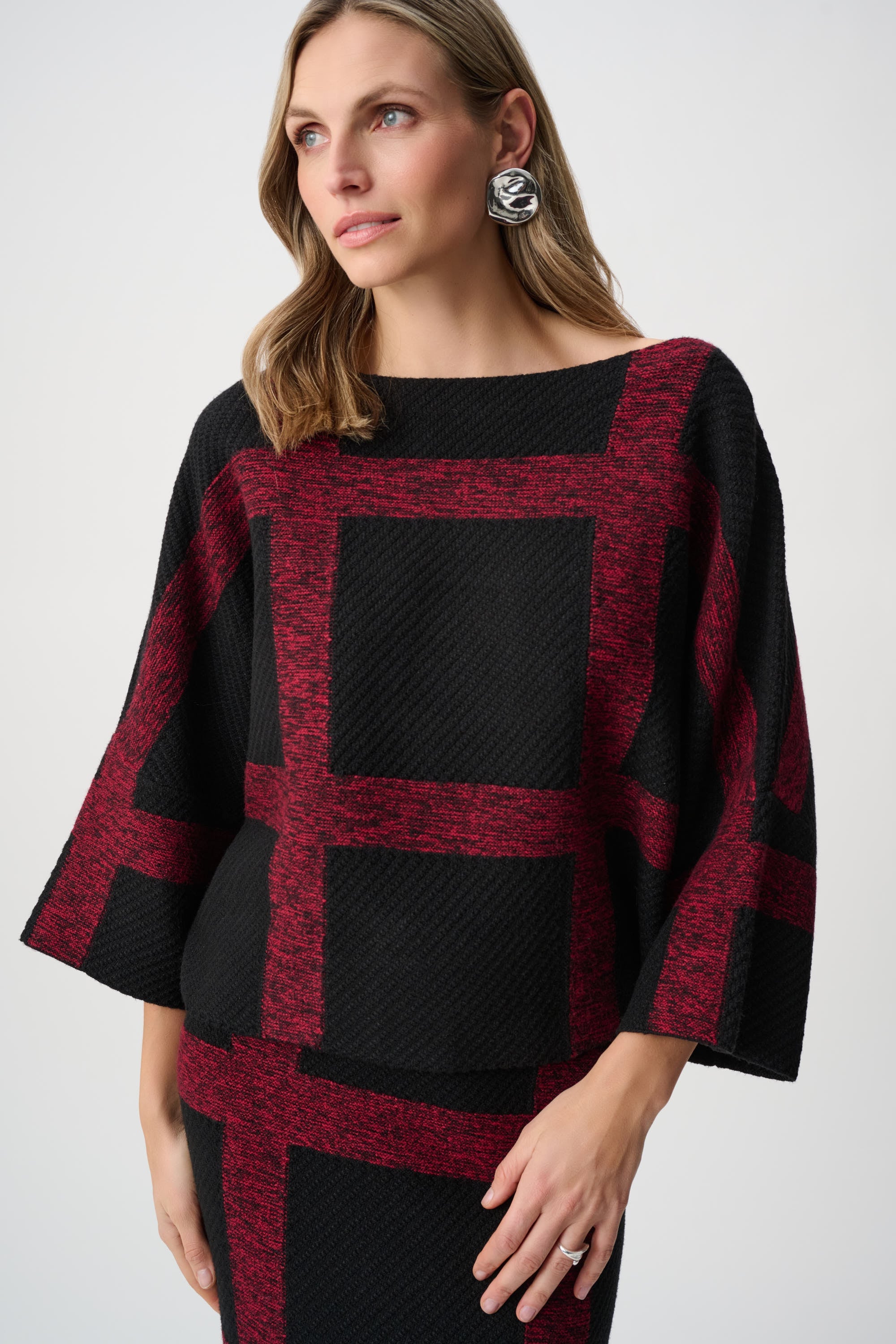 Brushed Viscose And Nylon Plaid Boat-Neck Sweater