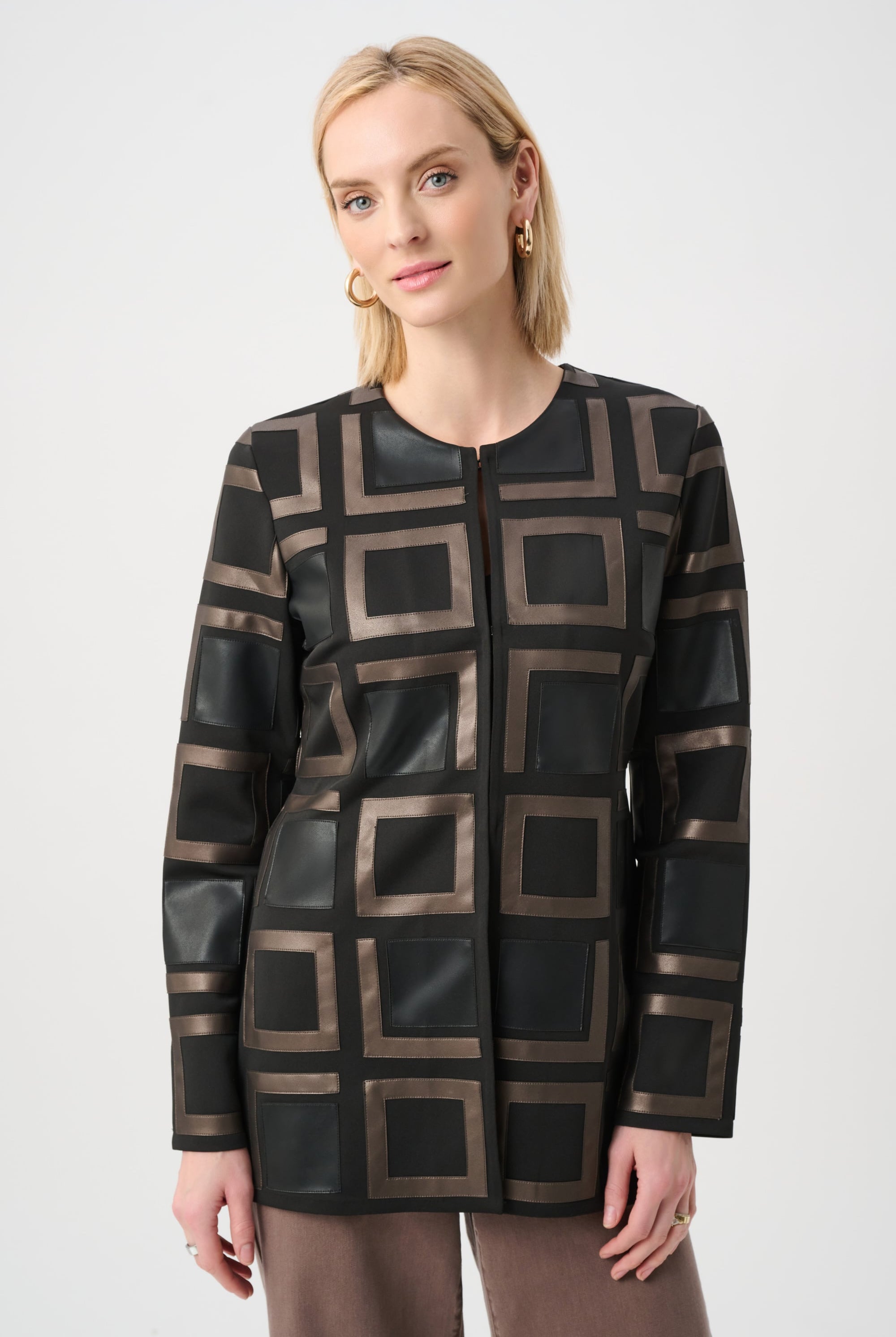 Leatherette and Scuba Collarless Two-Tone Jacket