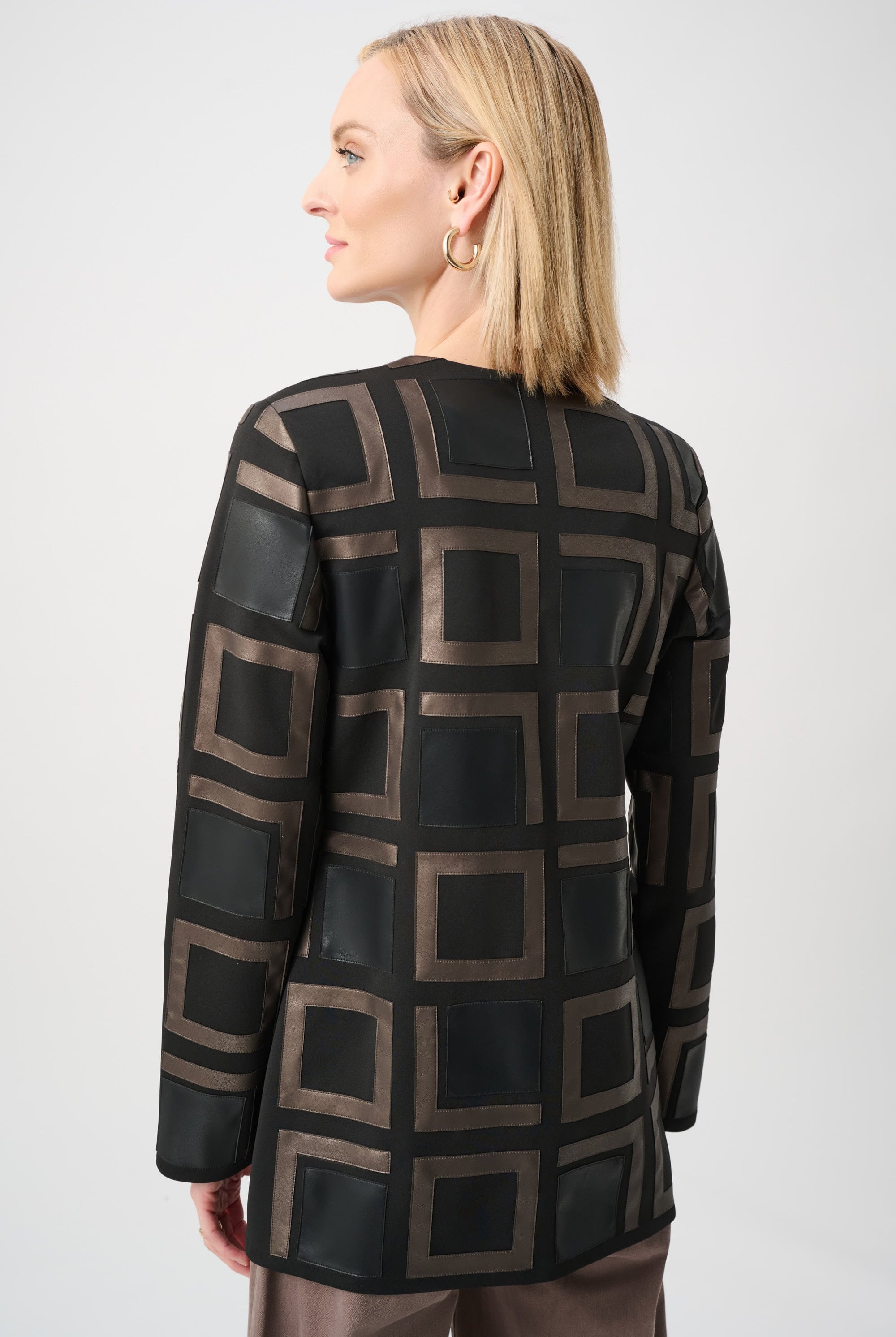 Leatherette and Scuba Collarless Two-Tone Jacket