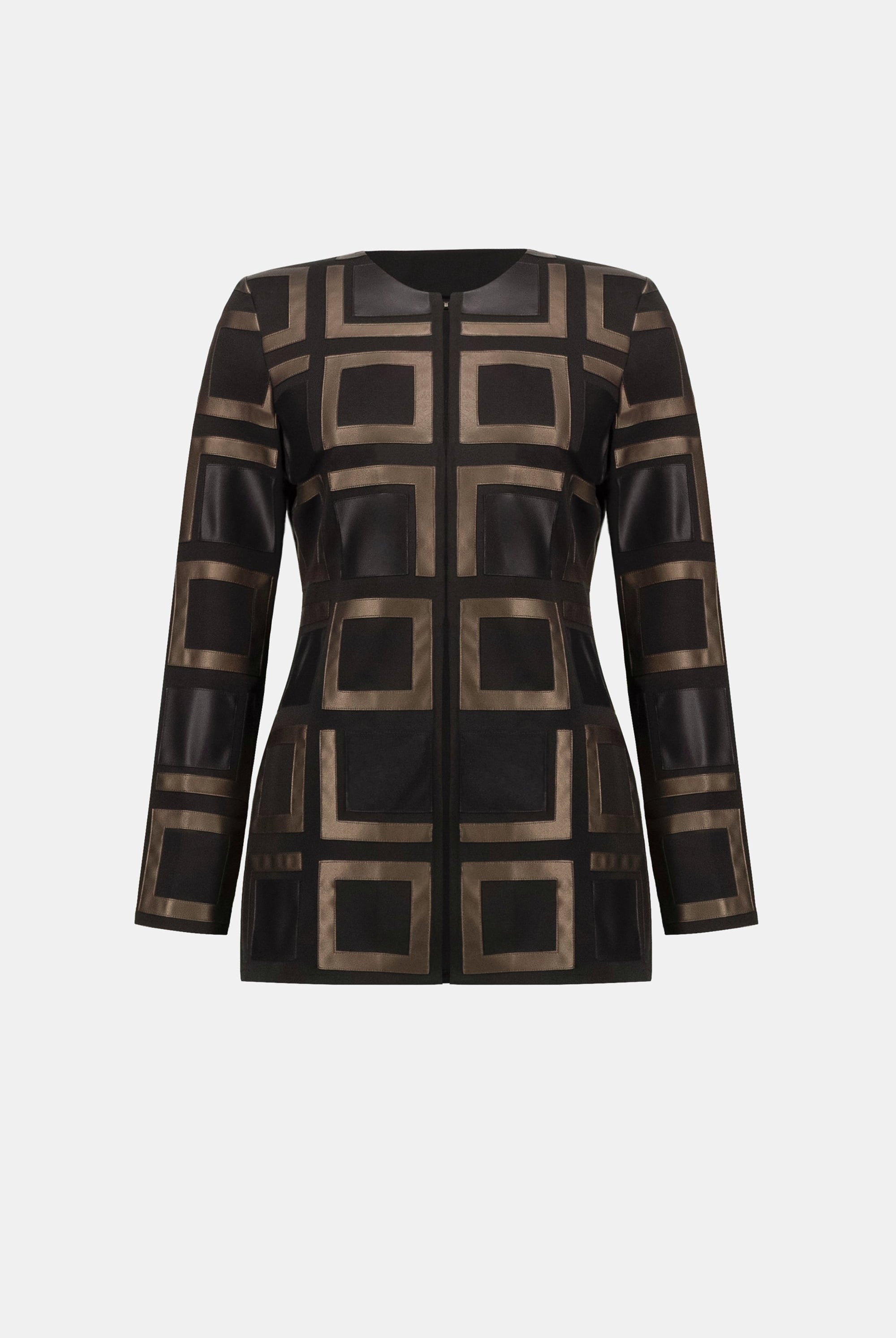 Leatherette and Scuba Collarless Two-Tone Jacket