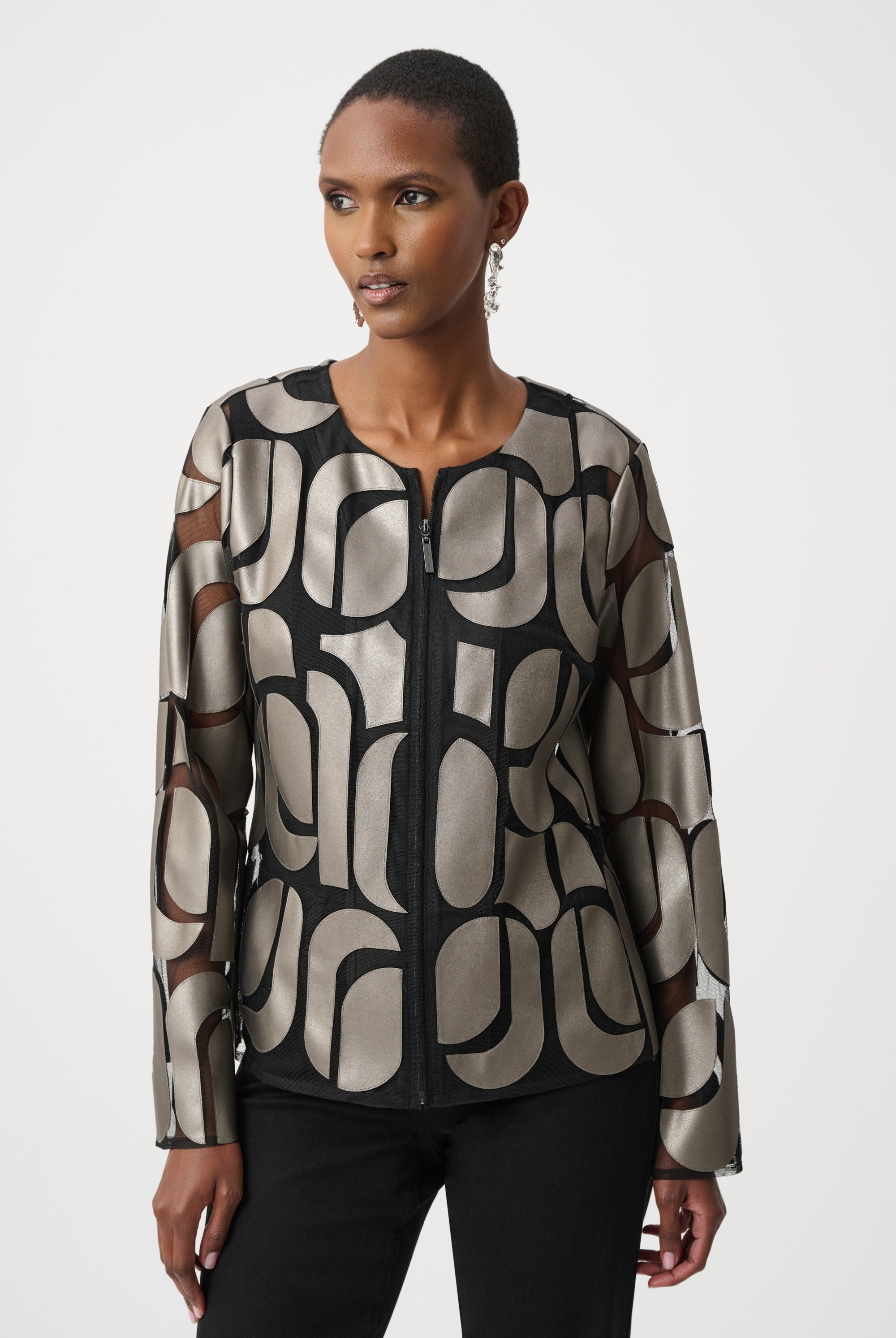 Leatherette And Mesh Embroidered Jacket