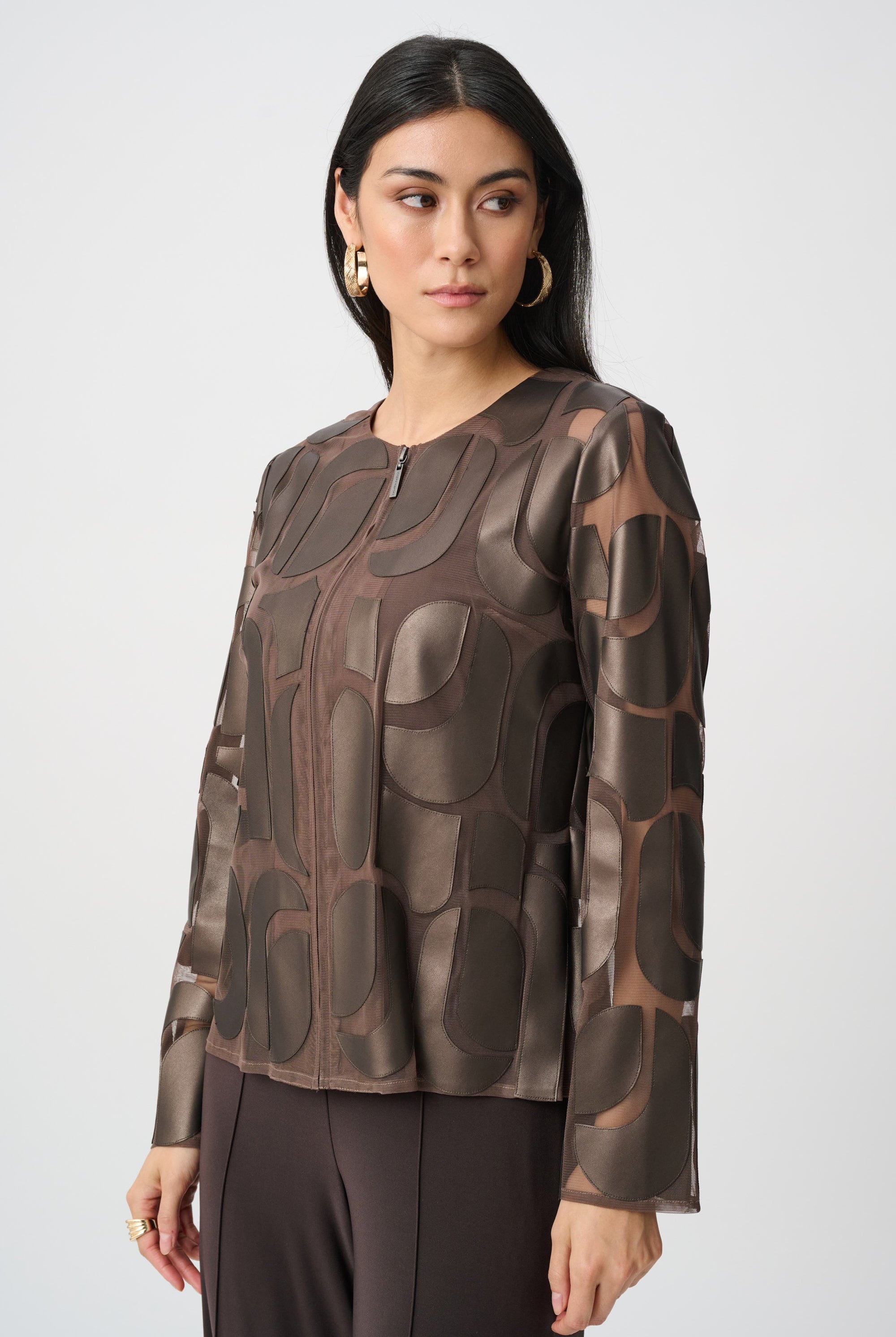 Leatherette And Mesh Embroidered Jacket