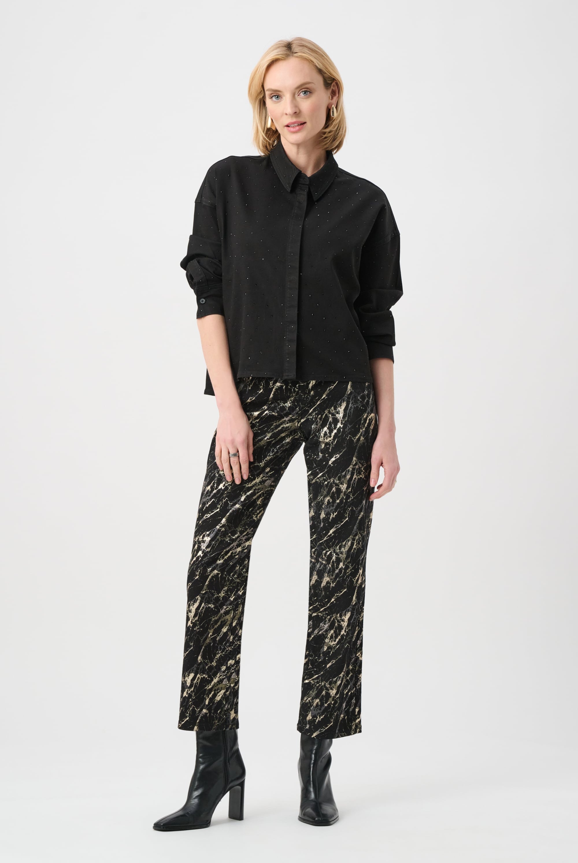 Featherweave Denim Cropped Blouse With Rhinestone Detail