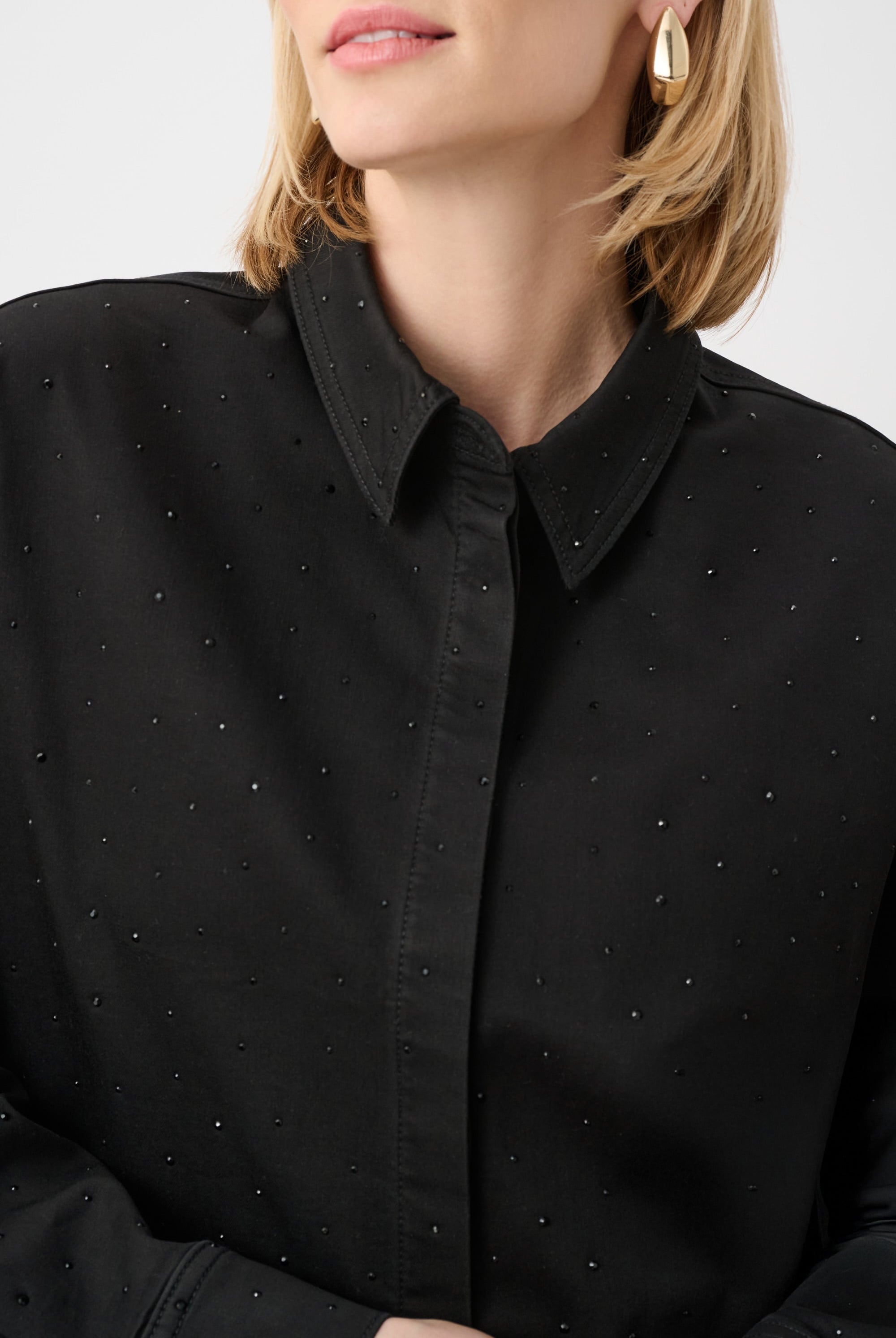 Featherweave Denim Cropped Blouse With Rhinestone Detail