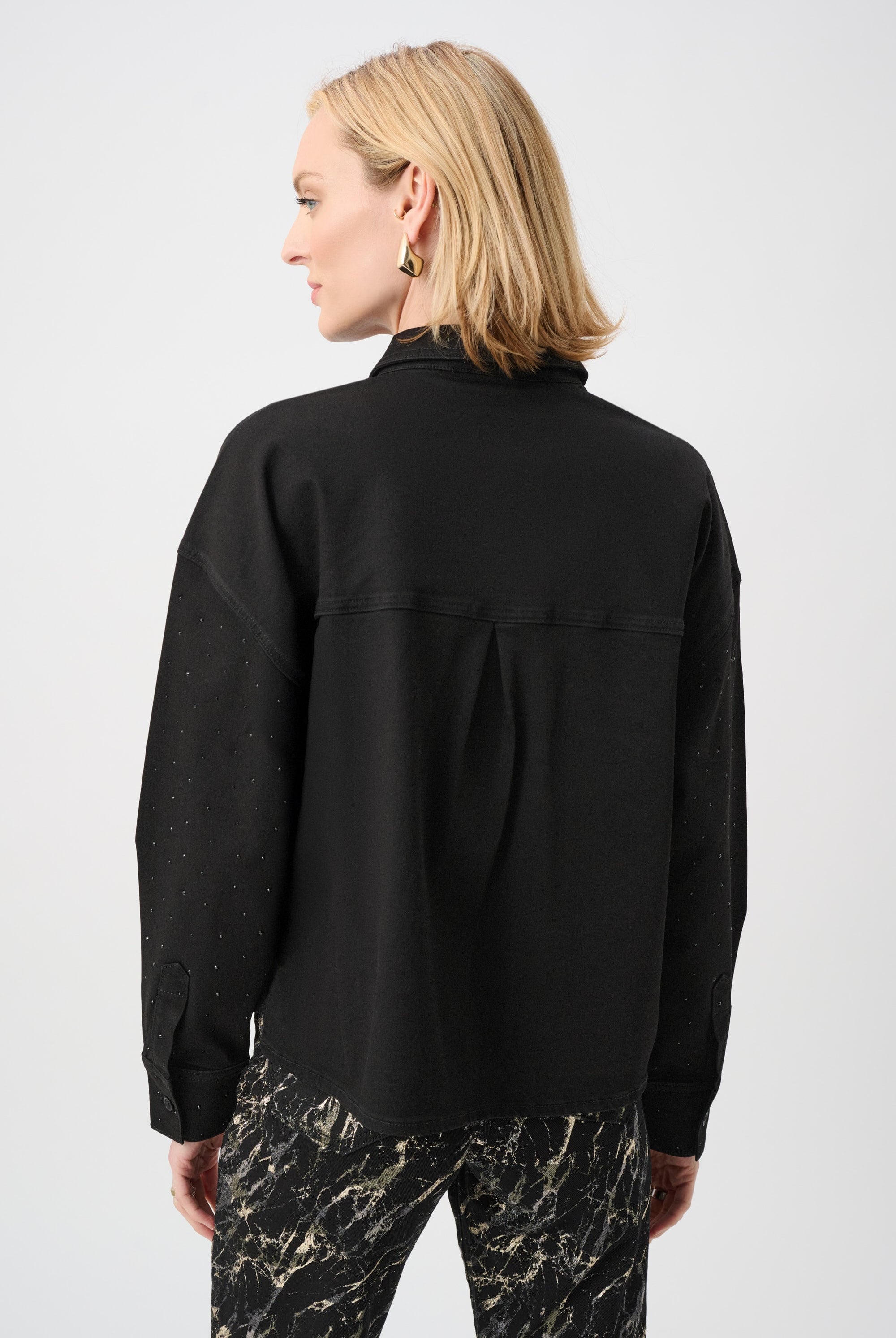 Featherweave Denim Cropped Blouse With Rhinestone Detail
