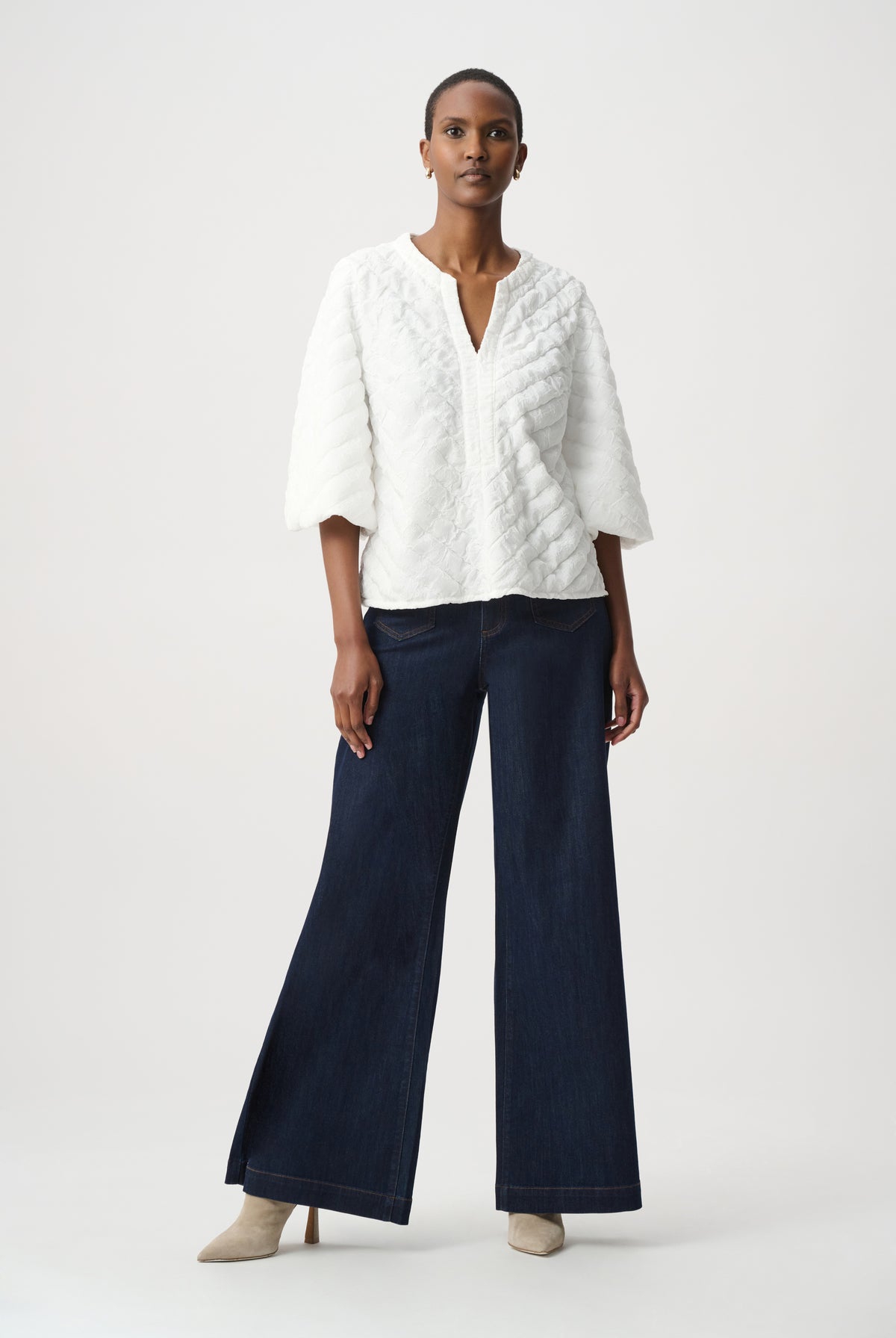 Joseph Ribkoff Textured Puff Sleeve V-Neck Top-264020, view 3