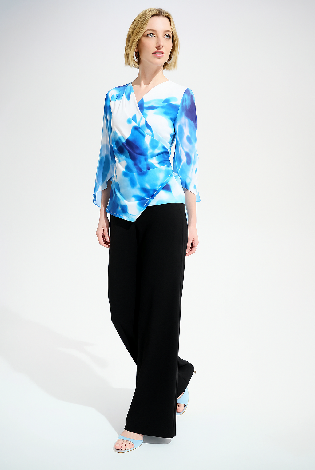 Joseph Ribkoff Signature Silky Knit Floral Print Wrap Top With Chiffon Sleeves | Unique Apparel USA