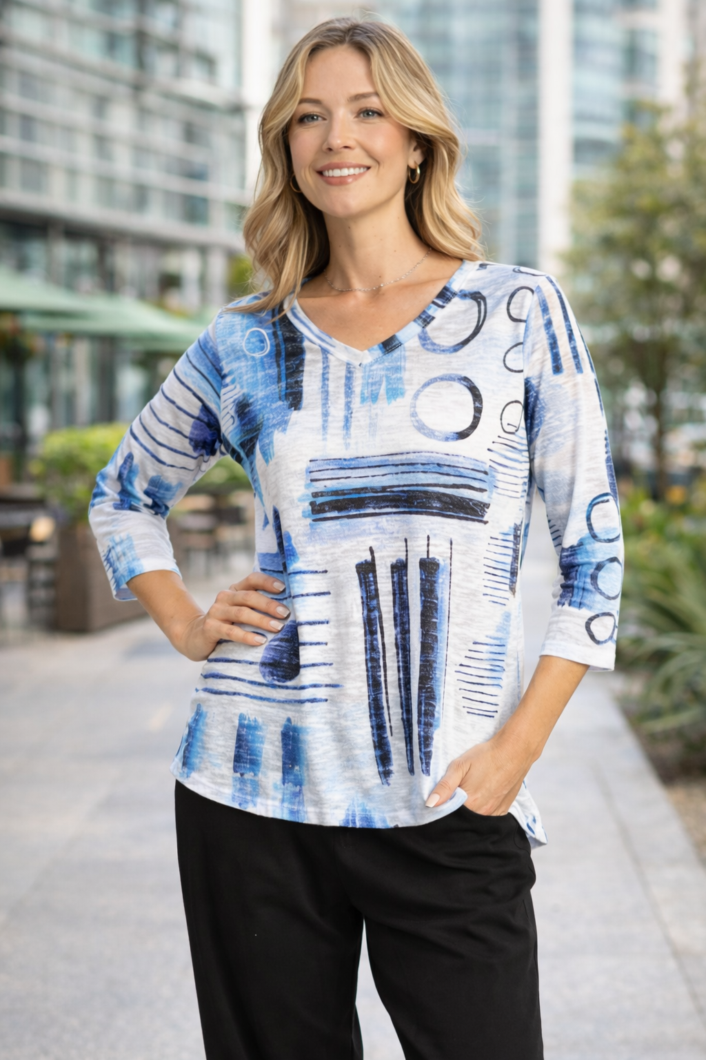 Jess & Jane Printed Burnout V-Neck Top-46-2207-ROXIE