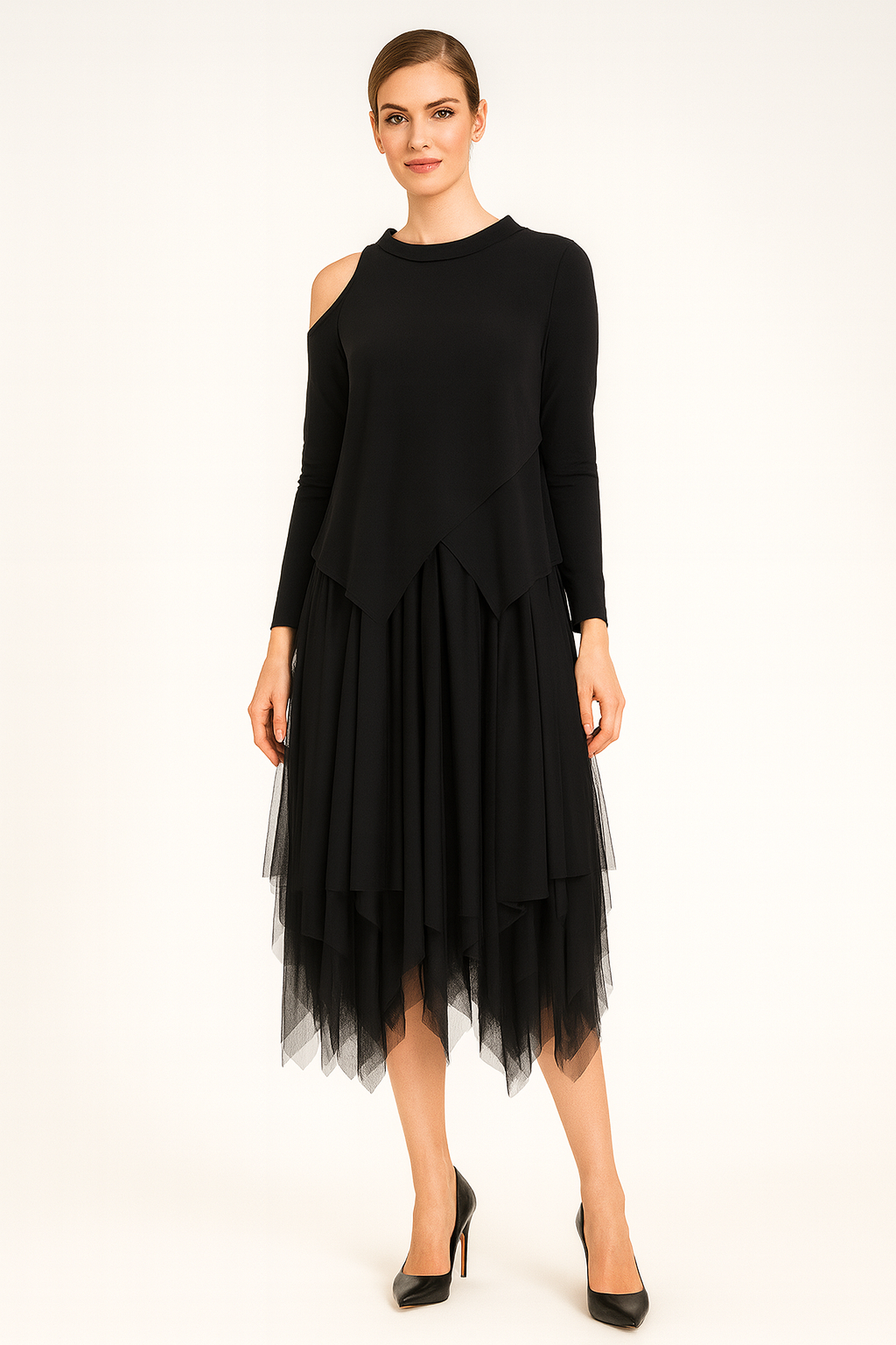 Cold Shoulder Asymmetric Layered Dress-IC-6470D