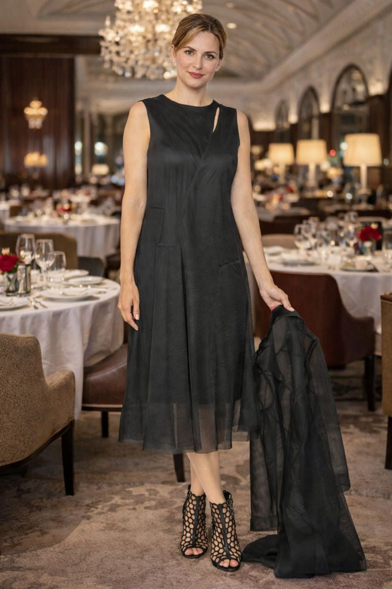 IC Collection Asymmetrical Cut Line Sleeveless Dress-7656D