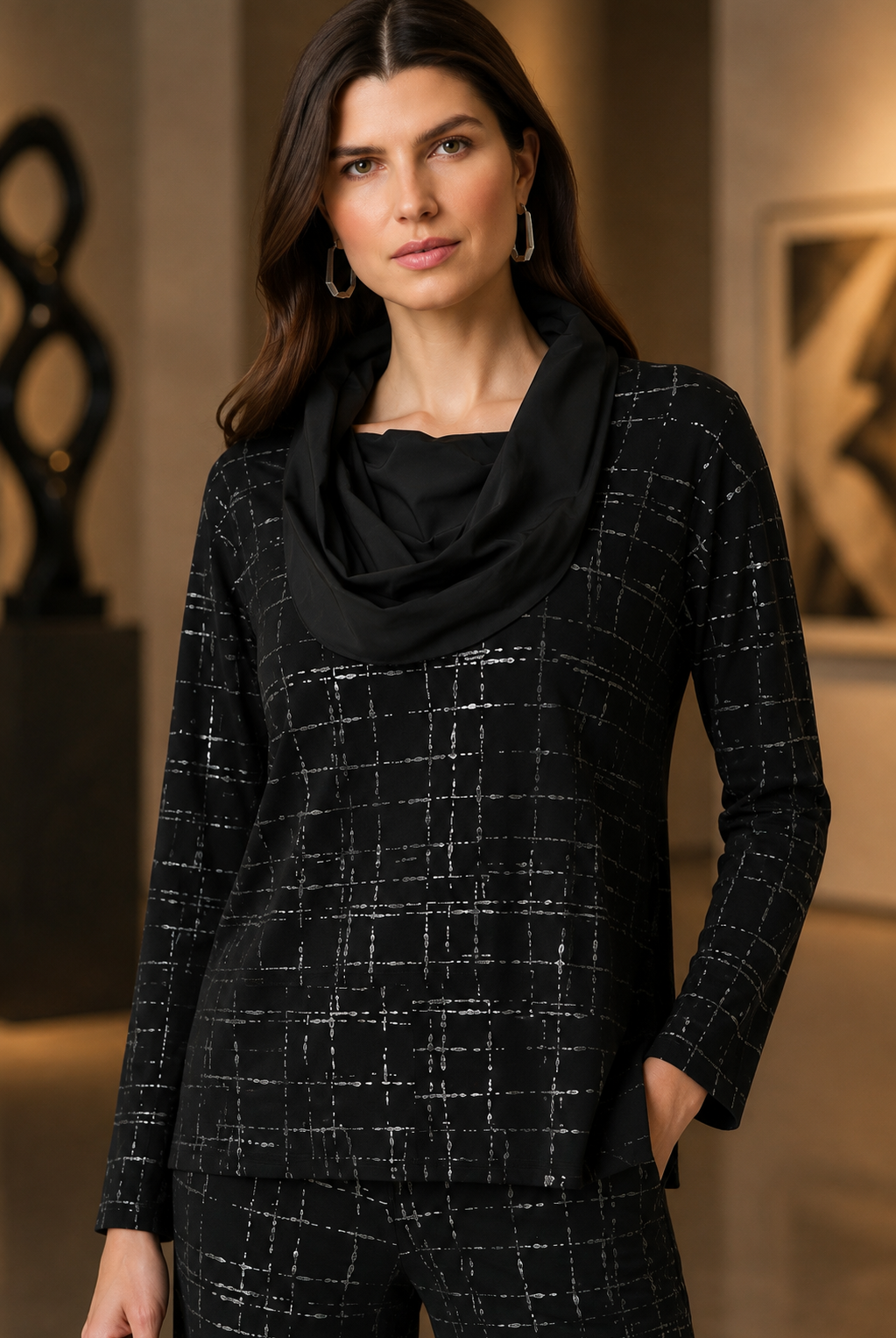 Joseph Ribkoff Plaid Cowl Collar Top-264131, view 2